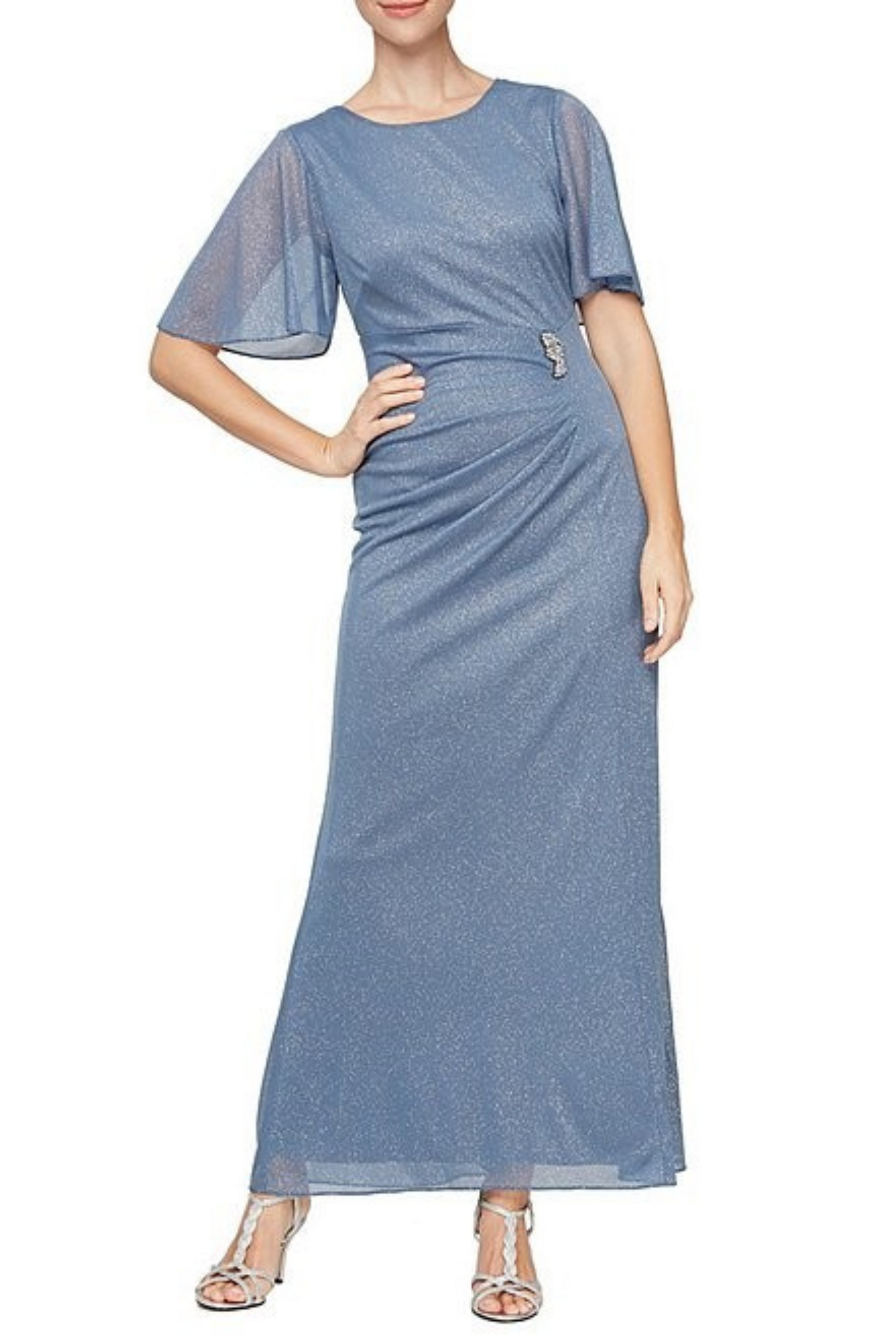 SLNY Short-Sleeve Metallic Long Evening Dress SLNY Short-Sleeve Metallic Long Evening Dress