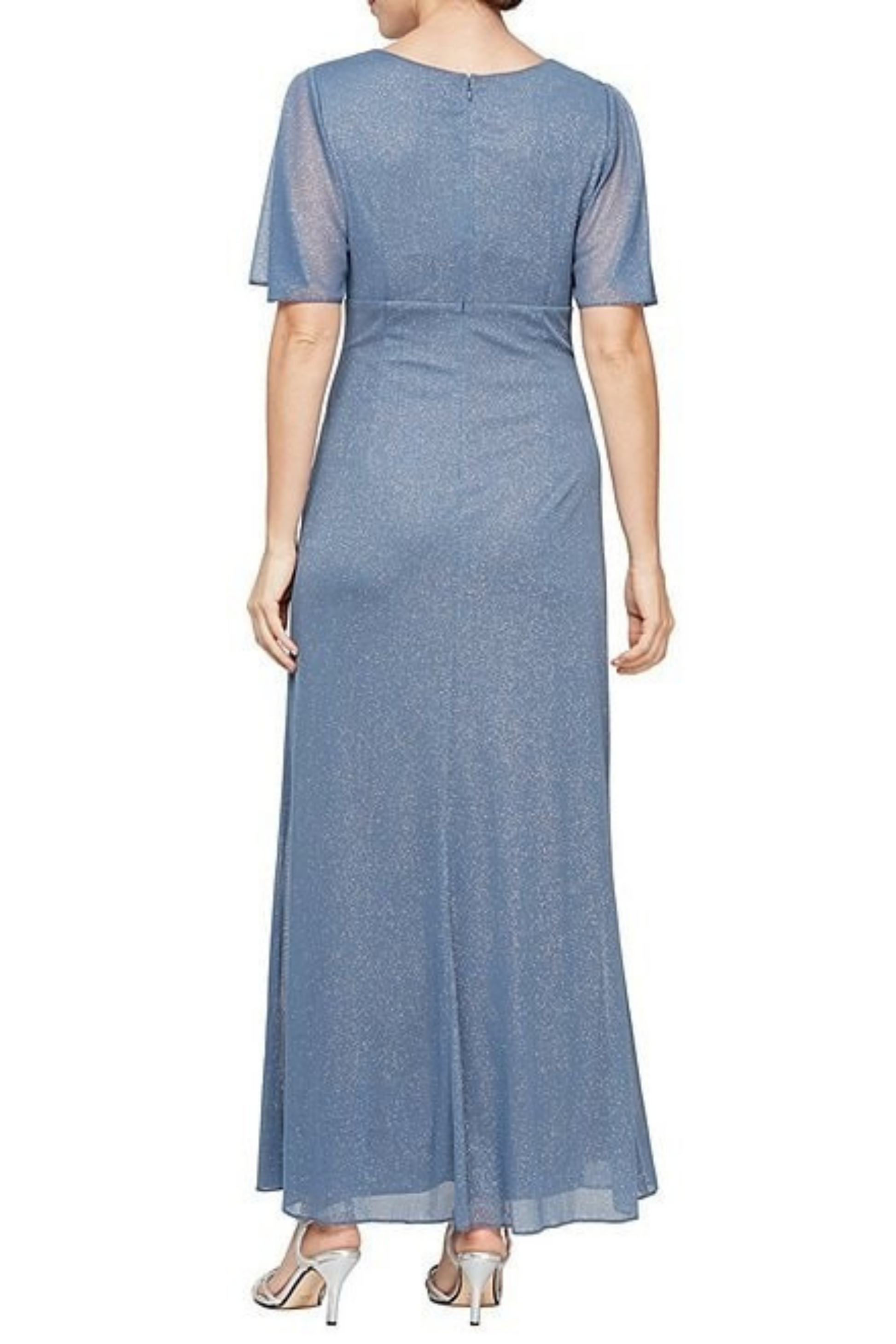 SLNY Short-Sleeve Metallic Long Evening Dress SLNY Short-Sleeve Metallic Long Evening Dress