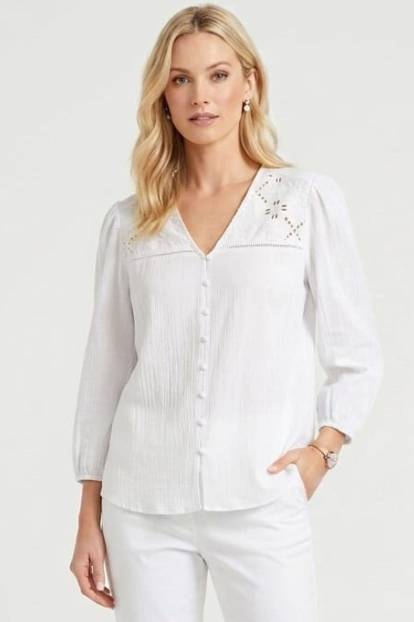 Zac & Rachel Eyelet Embroidered V-Neck Blouse