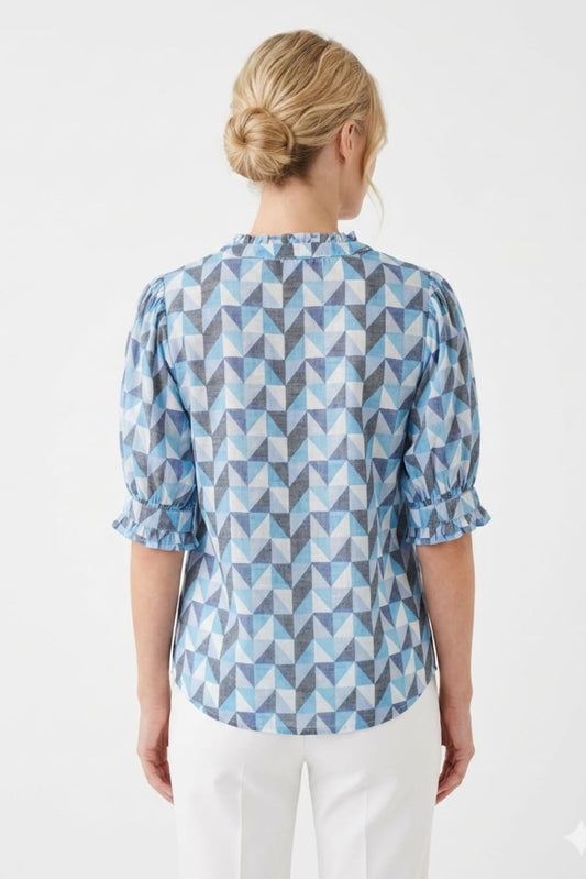 Zac & Rachel Bright White Dress Blues Geometric Day Top