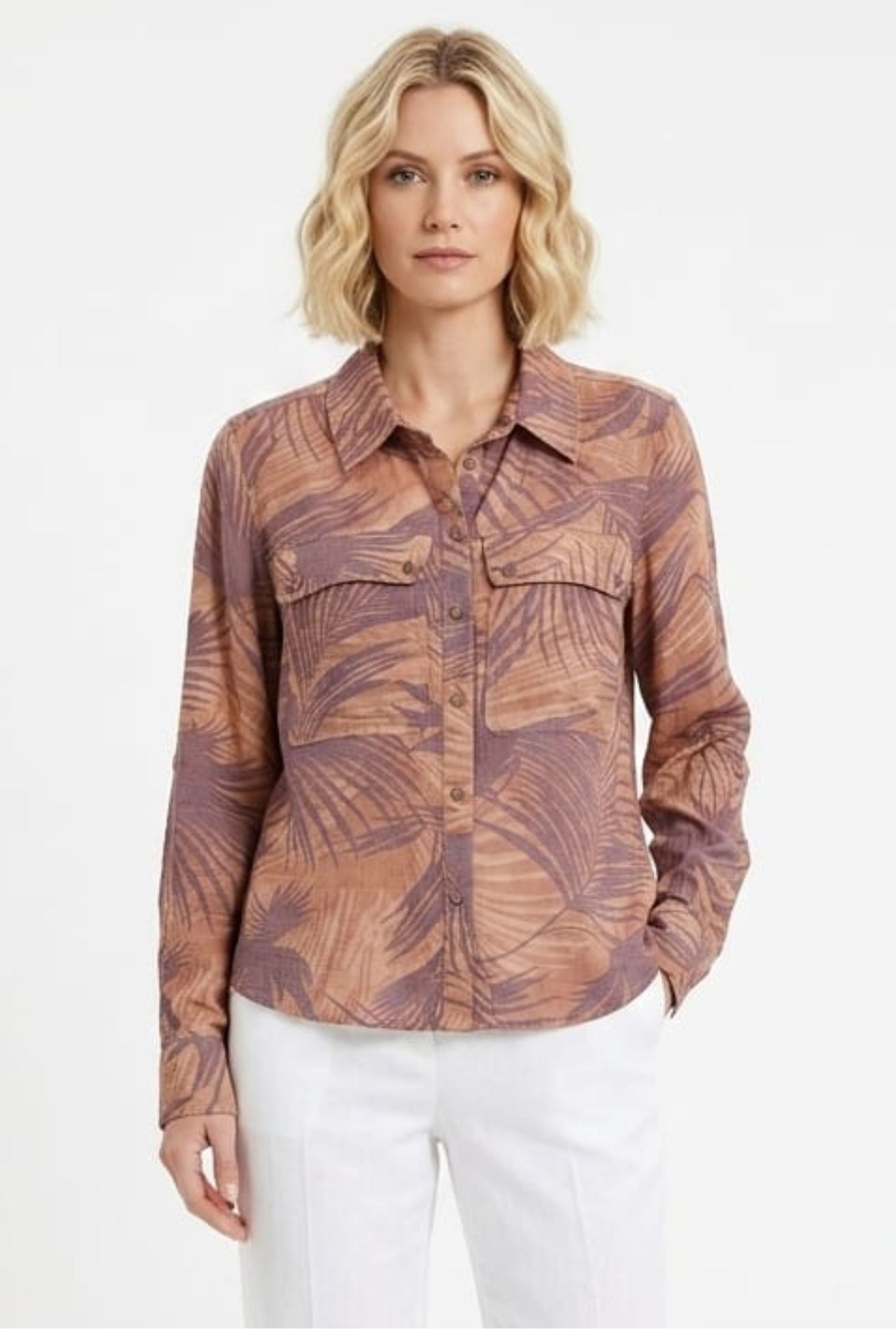Zac & Rachel Burnt Henna Wine Palms V-Neck Flutter-Sleeve Blouse