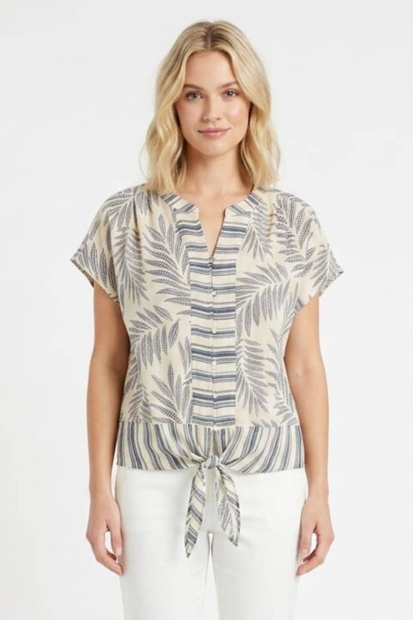 Zac & Rachel Ecru Margarita Black Palm Leaf Tie-Front Day Top