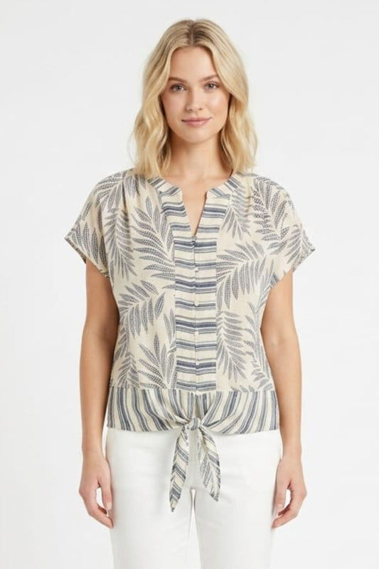 Zac & Rachel Ecru Margarita Black Palm Leaf Tie-Front Day Top