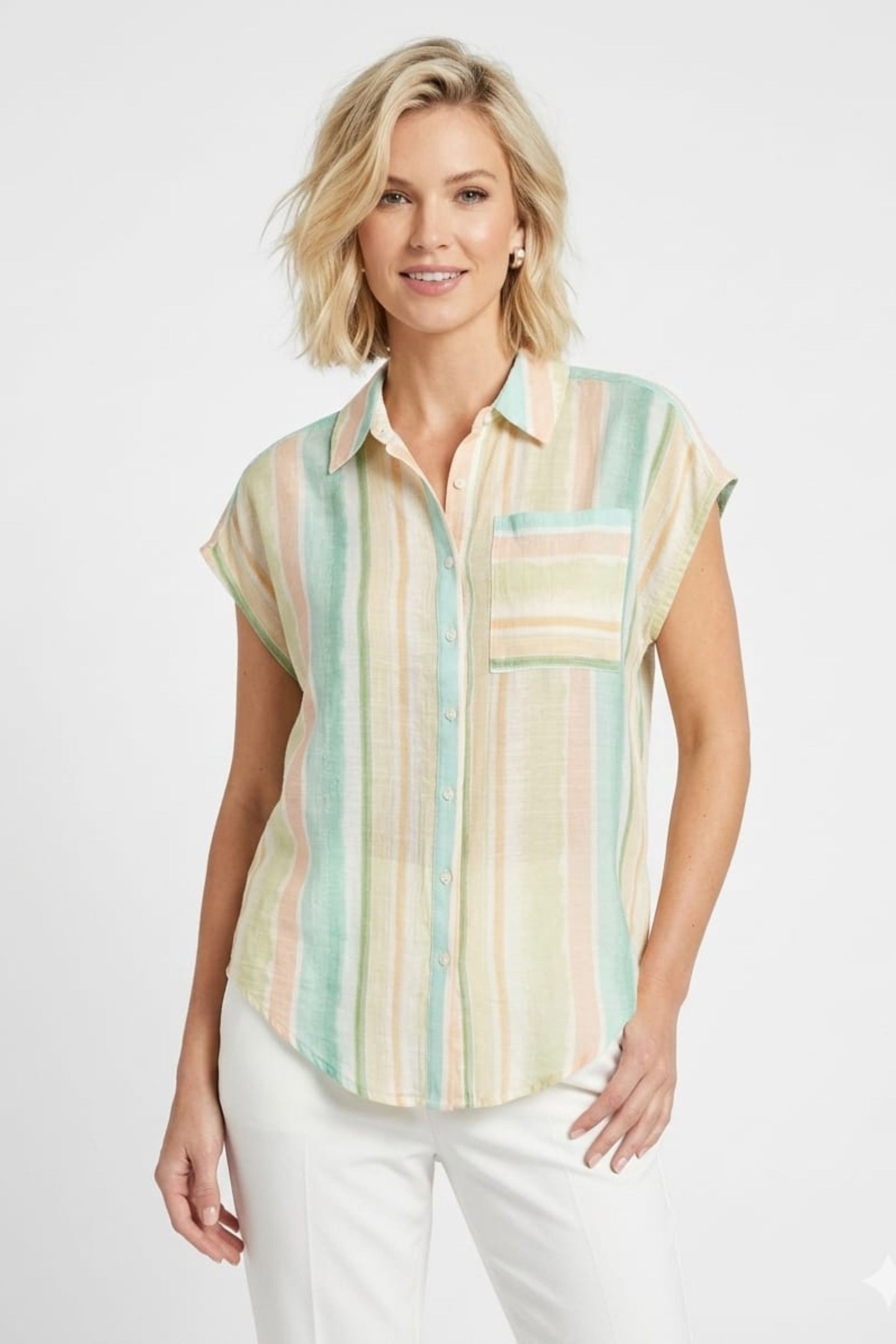 Zac & Rachel Simply Green Multi-Pink Striped Button-Down Blouse