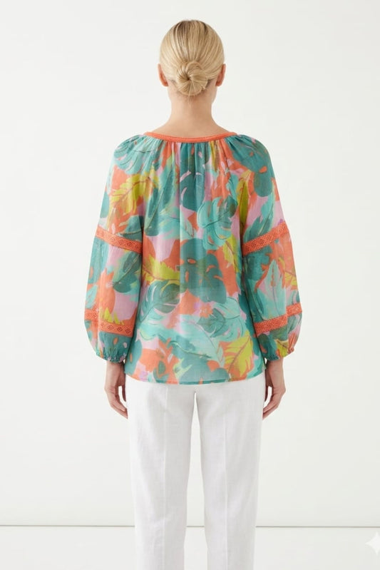 Zac & Rachel Pink Tomato Chartreuse Watercolor Floral Day Top