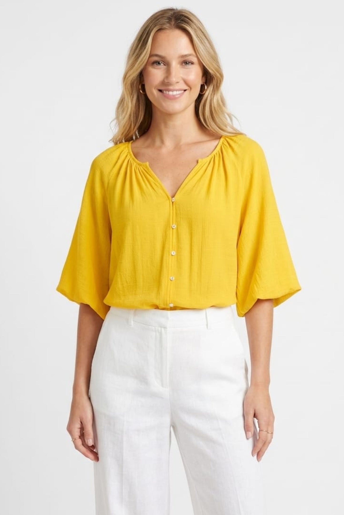 Zac & Rachel Gathered V-Neck Button-Front Day Top