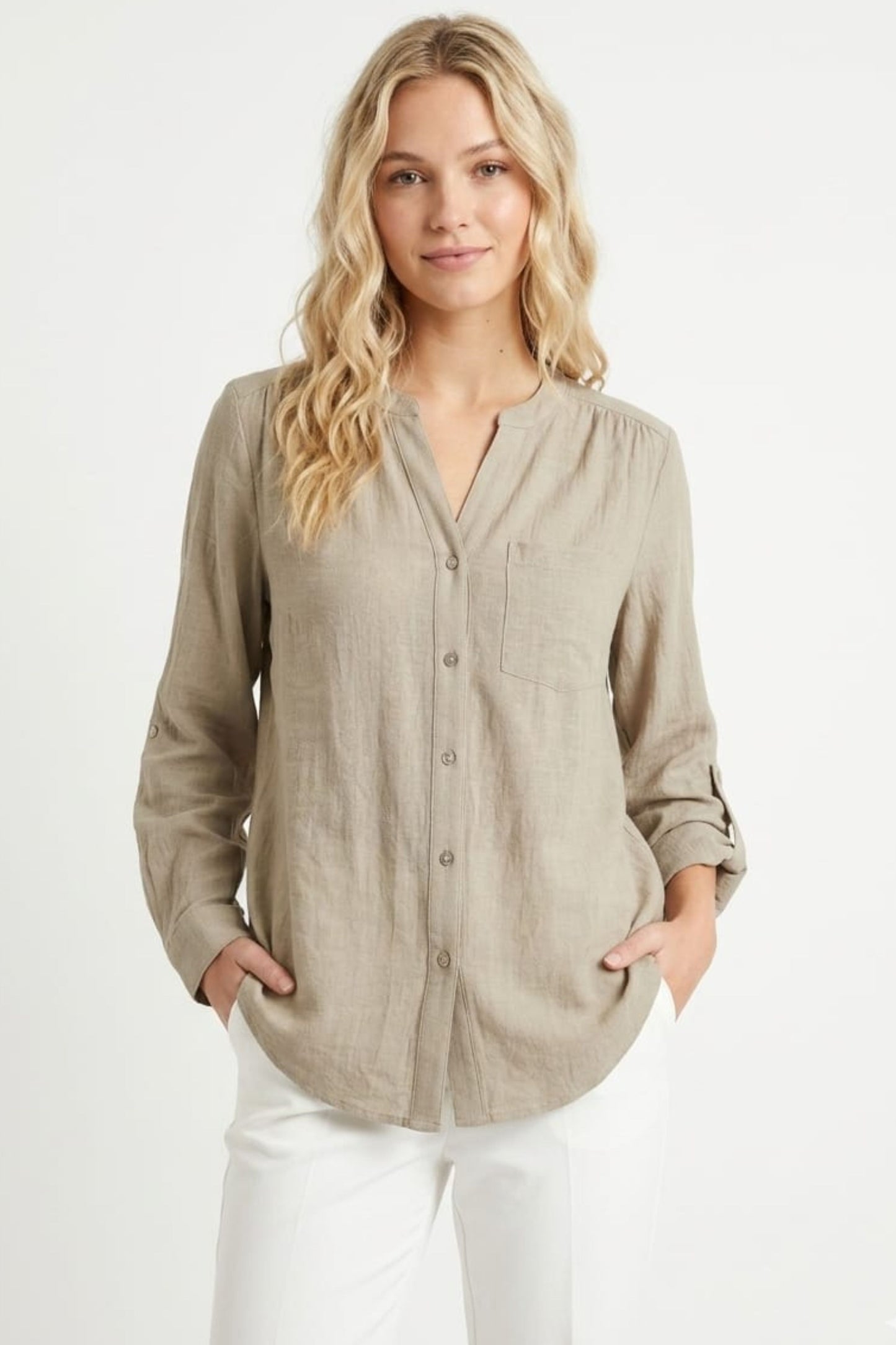 Zac & Rachel Convertible Roll-Sleeve Button-Down Blouse