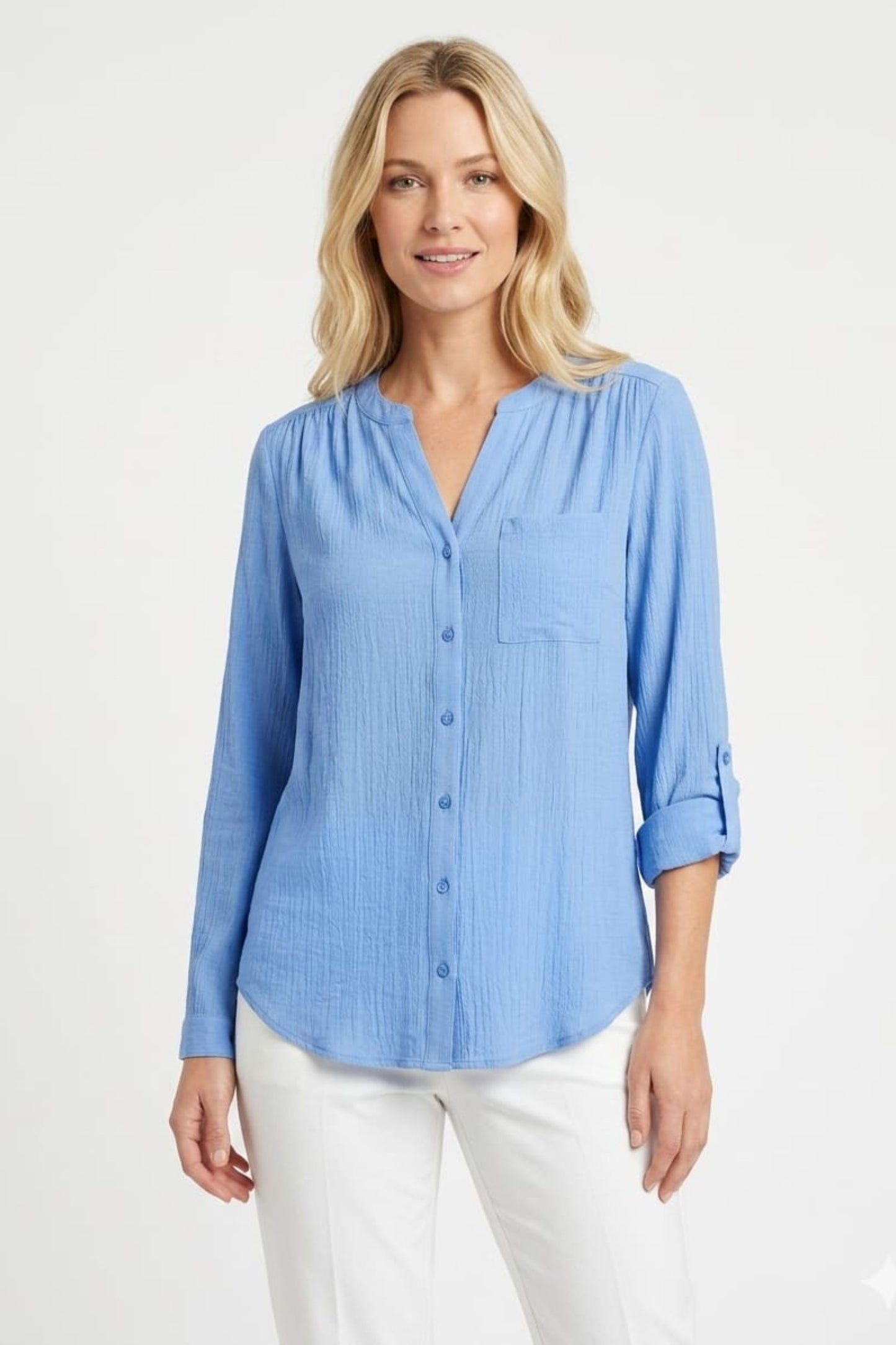 Zac & Rachel Convertible Roll-Sleeve Button-Down Blouse