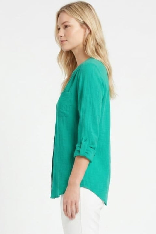 Zac & Rachel Convertible Roll-Sleeve Button-Down Blouse