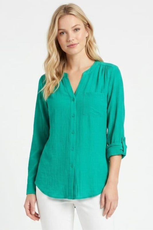 Zac & Rachel Convertible Roll-Sleeve Button-Down Blouse