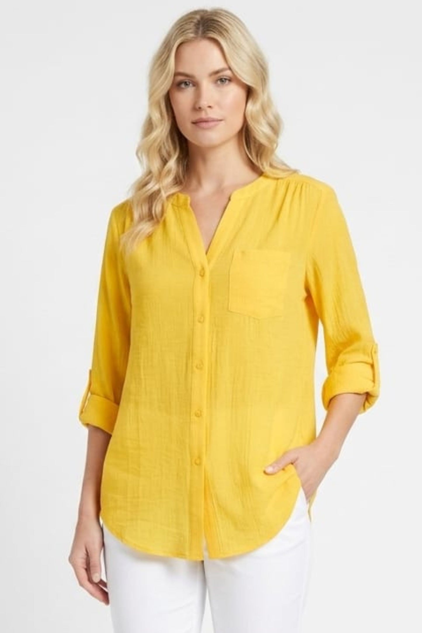 Zac & Rachel Convertible Roll-Sleeve Button-Down Blouse