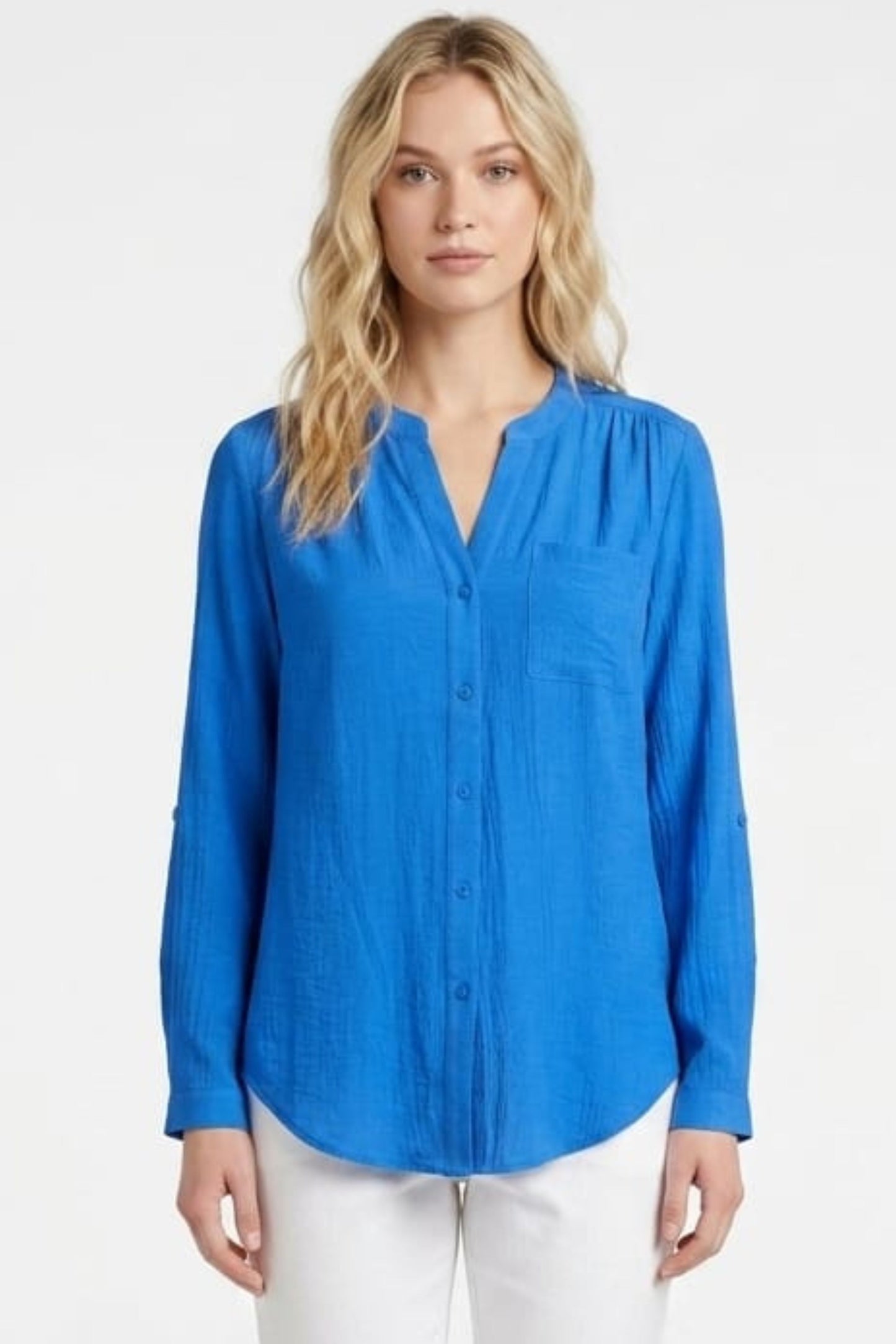 Zac & Rachel Convertible Roll-Sleeve Button-Down Blouse