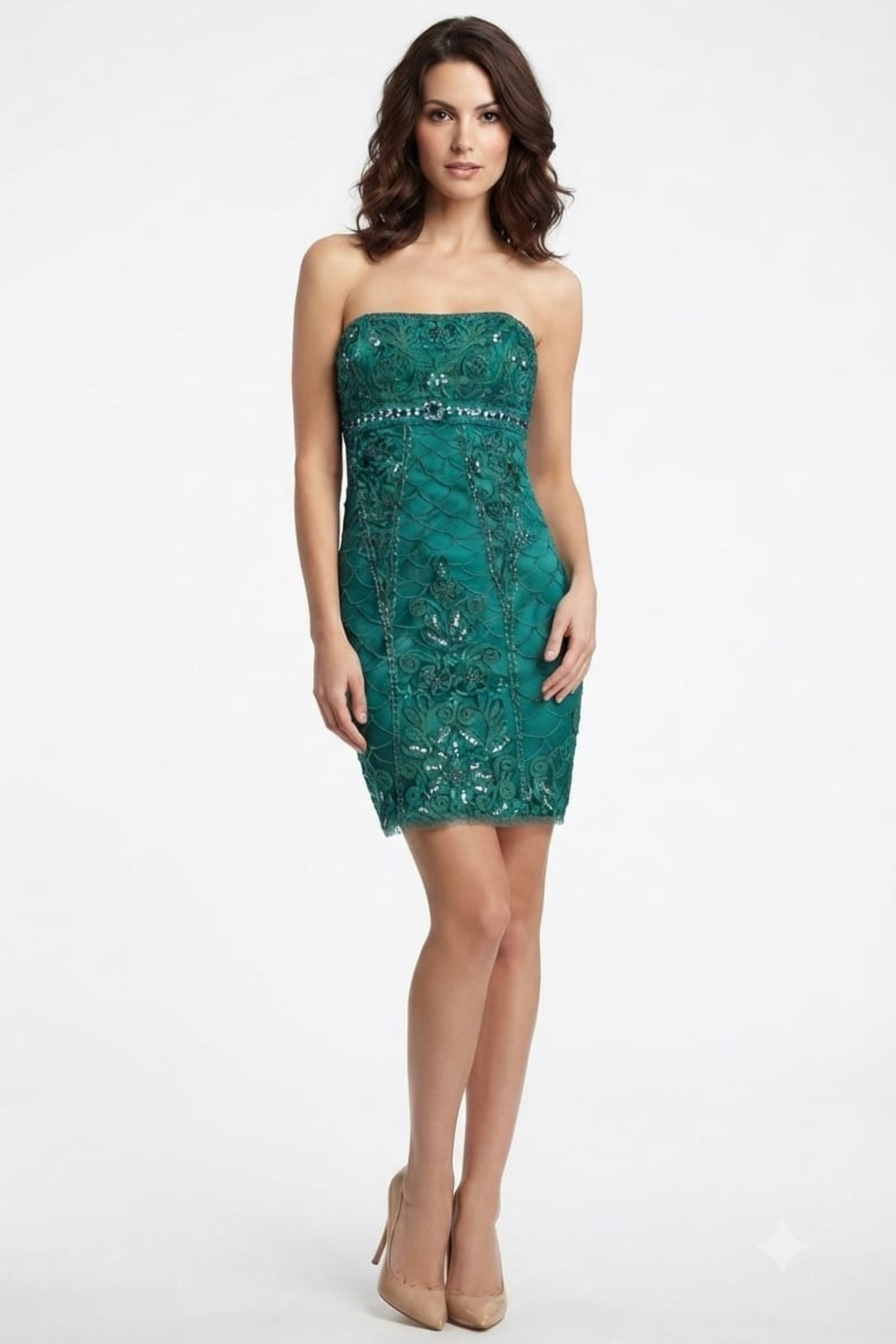 Sue Wong Scalloped Gem Strapless Mesh Dress