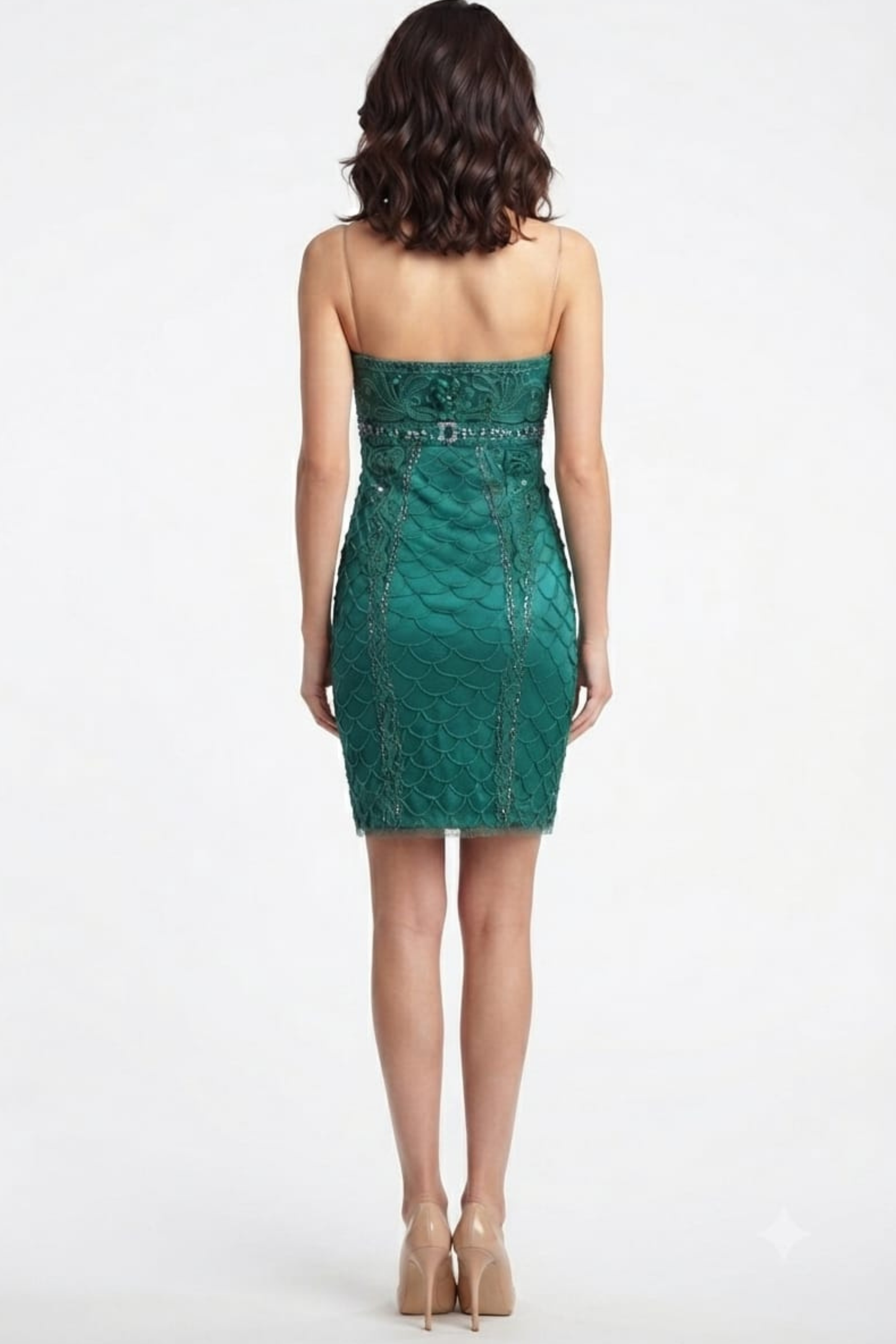 Sue Wong Scalloped Gem Strapless Mesh Dress