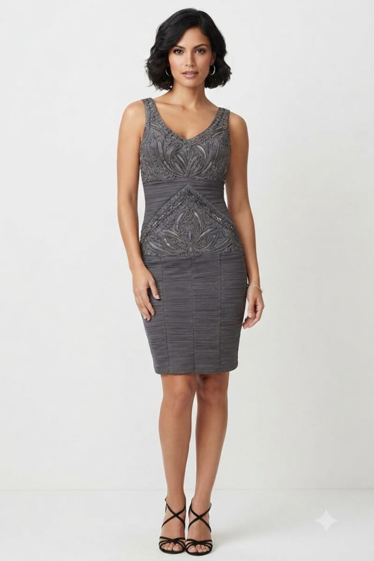 Sue Wong V-Cut Neck Ribbon Ruched Cocktail Dress