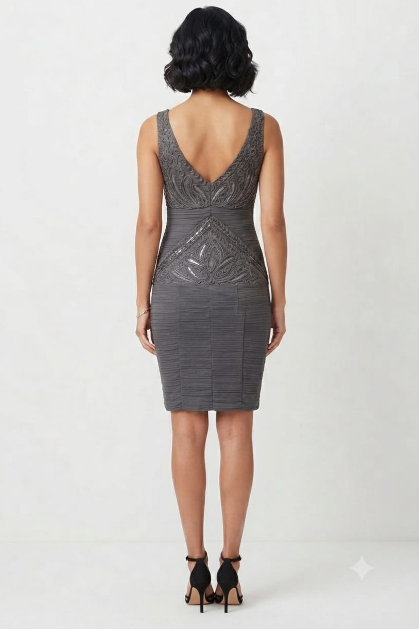 Sue Wong V-Cut Neck Ribbon Ruched Cocktail Dress