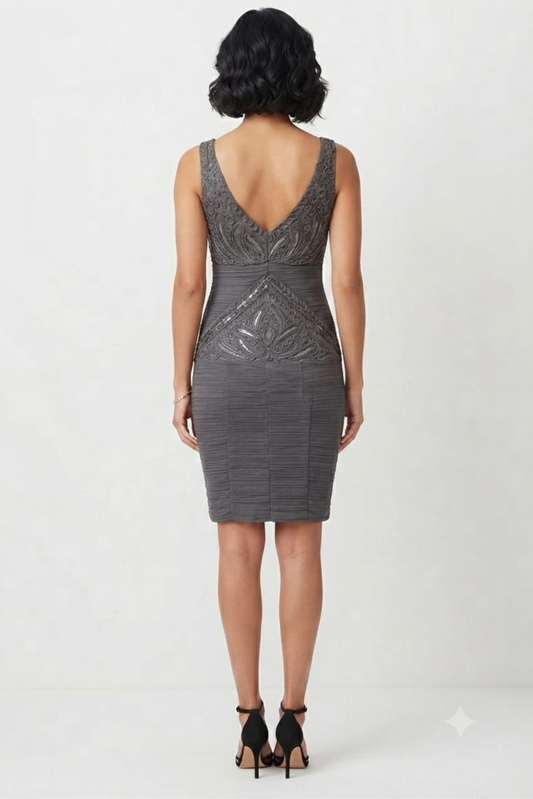 Sue Wong V-Cut Neck Ribbon Ruched Cocktail Dress