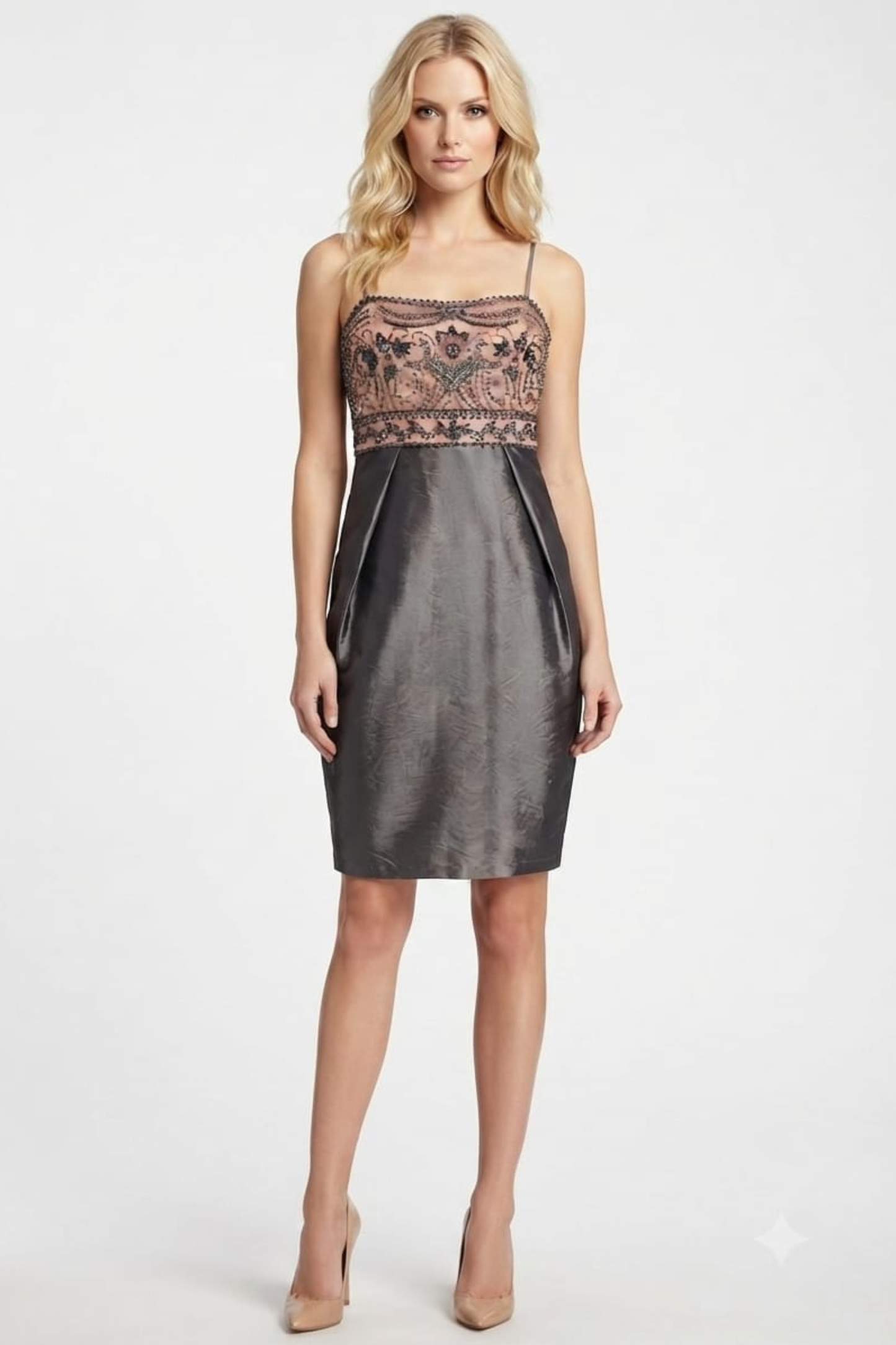 Sue Wong Beaded Scrolling Pattern Taffeta Dress