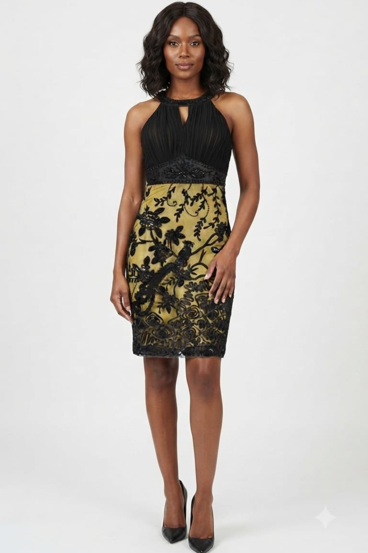 Sue Wong Keyhole Appliqué Mesh Sheath Dress