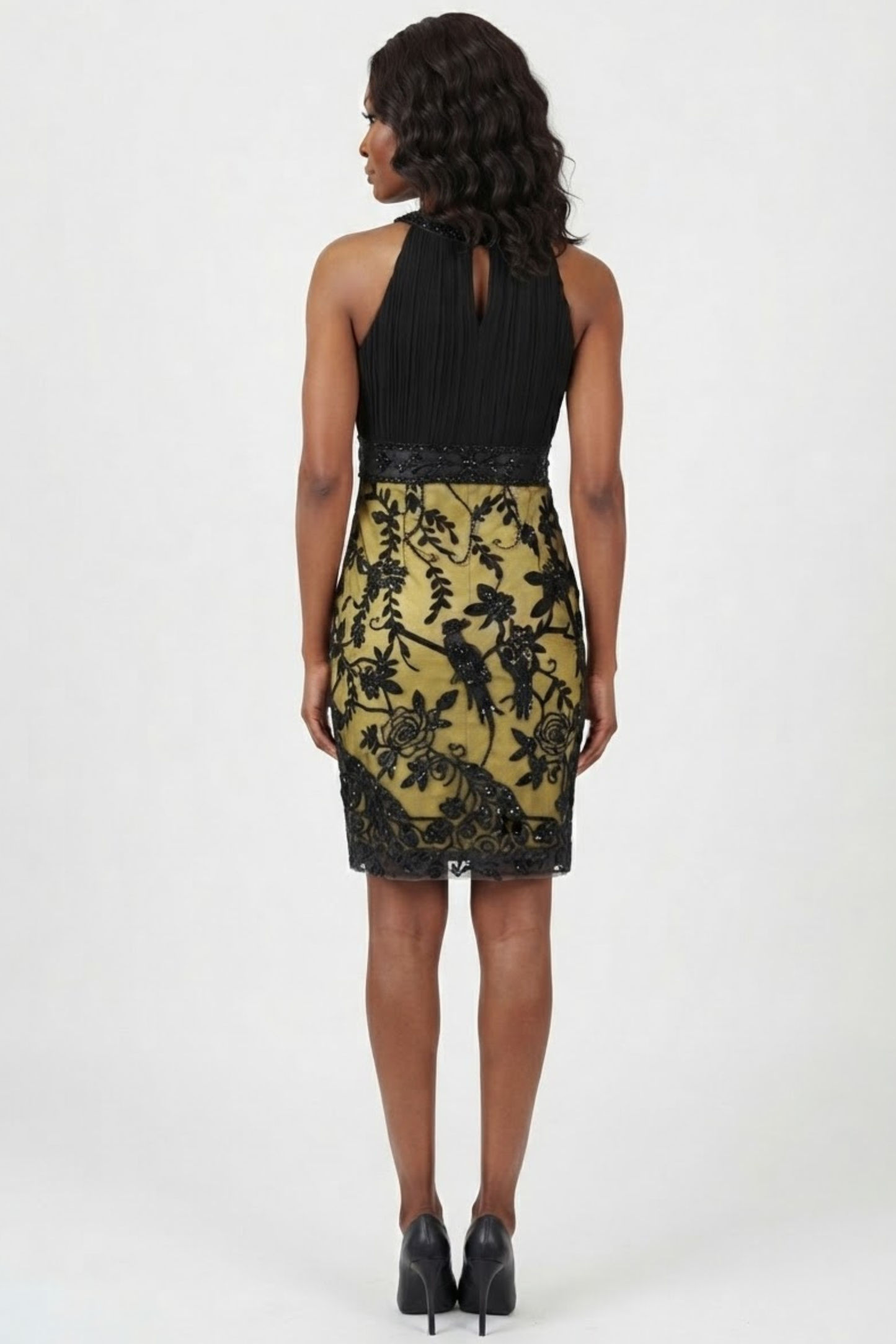 Sue Wong Keyhole Appliqué Mesh Sheath Dress