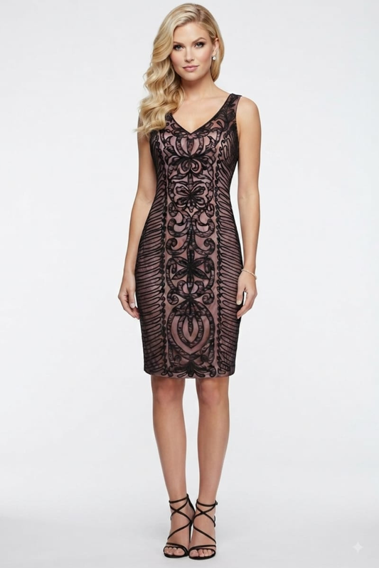 Sue Wong Sleeveless Embroidered Swirl Party Dress