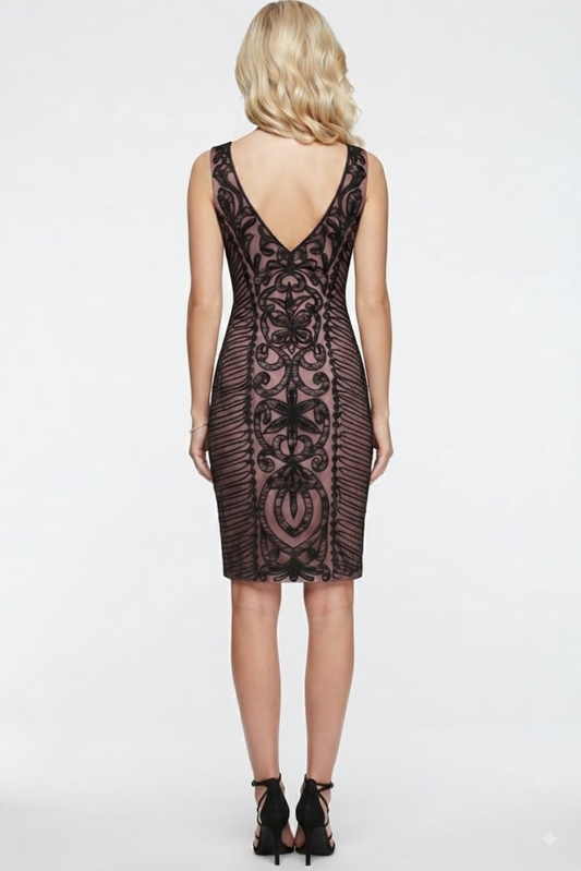 Sue Wong Sleeveless Embroidered Swirl Party Dress