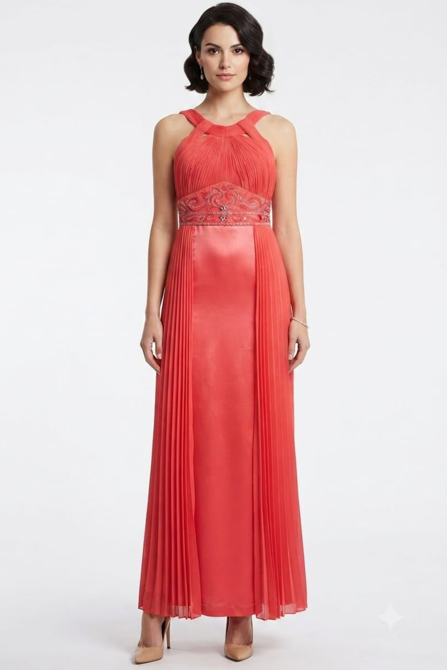 Sue Wong Halter-Style Beaded Waist Accordion Dress