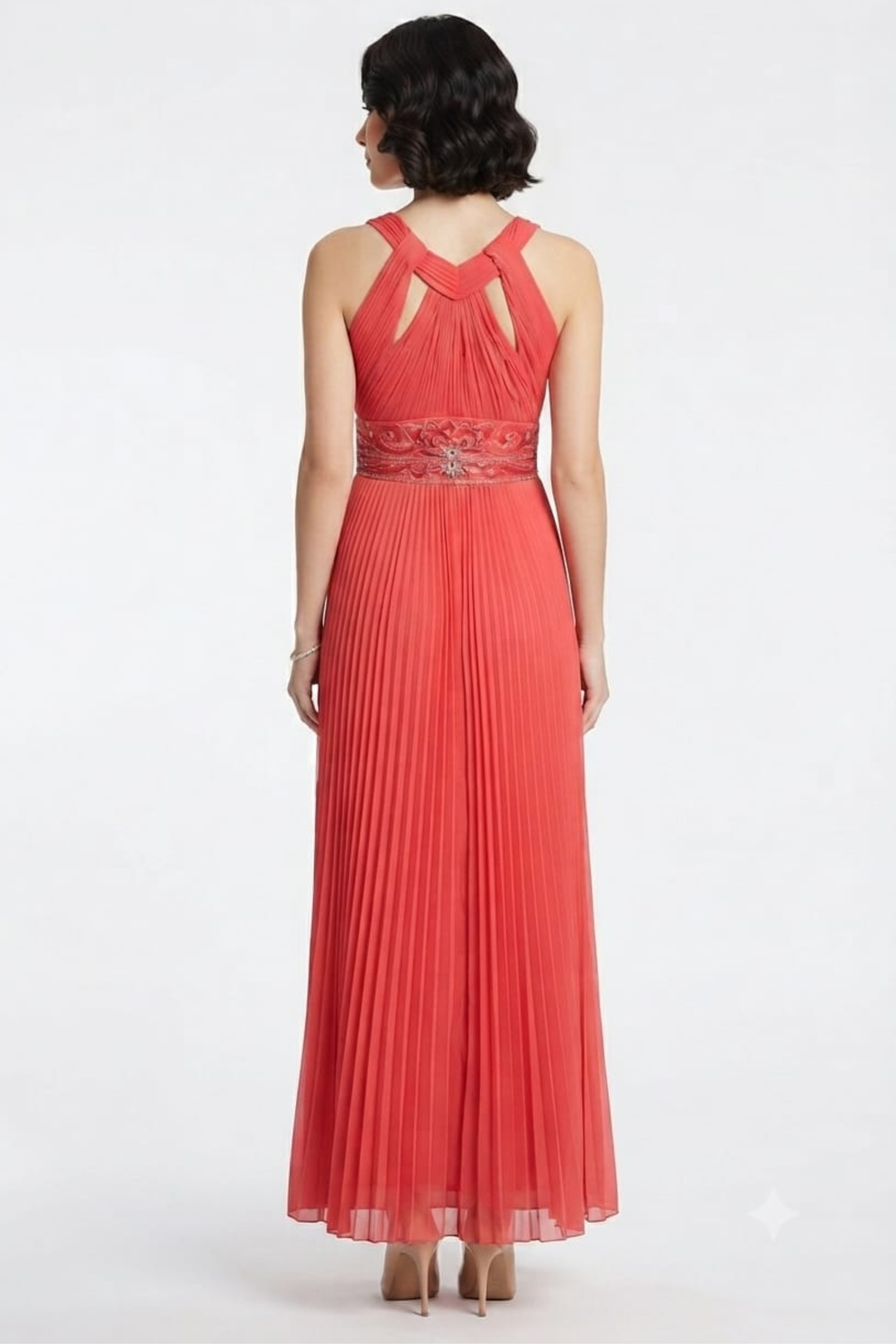 Sue Wong Halter-Style Beaded Waist Accordion Dress