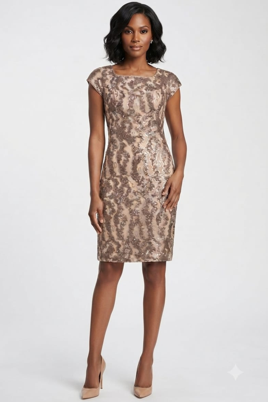 Sue Wong Cap Sleeve Sequined Sheath Dress