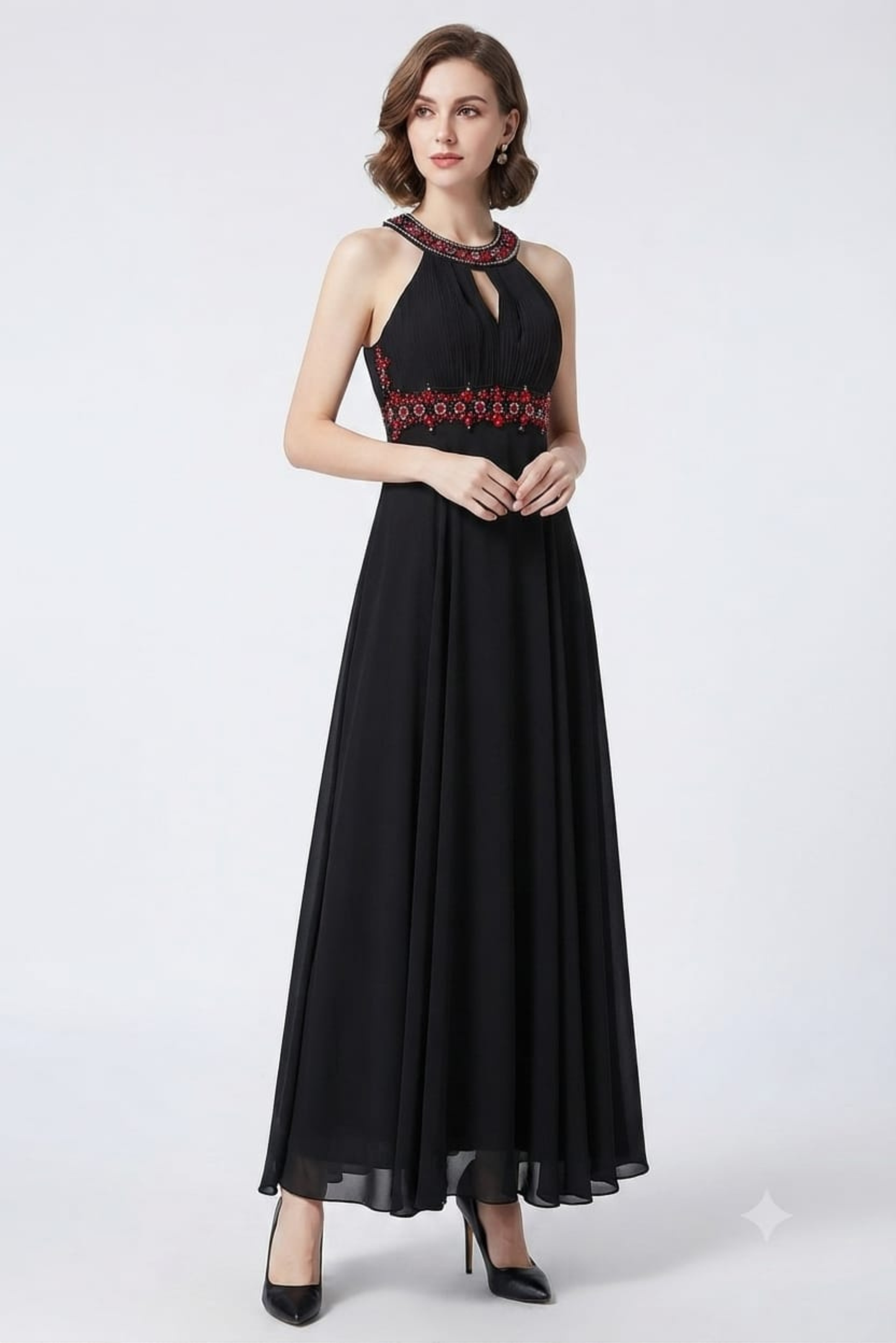 Sue Wong Halter Beaded Cutout Back Evening Dress