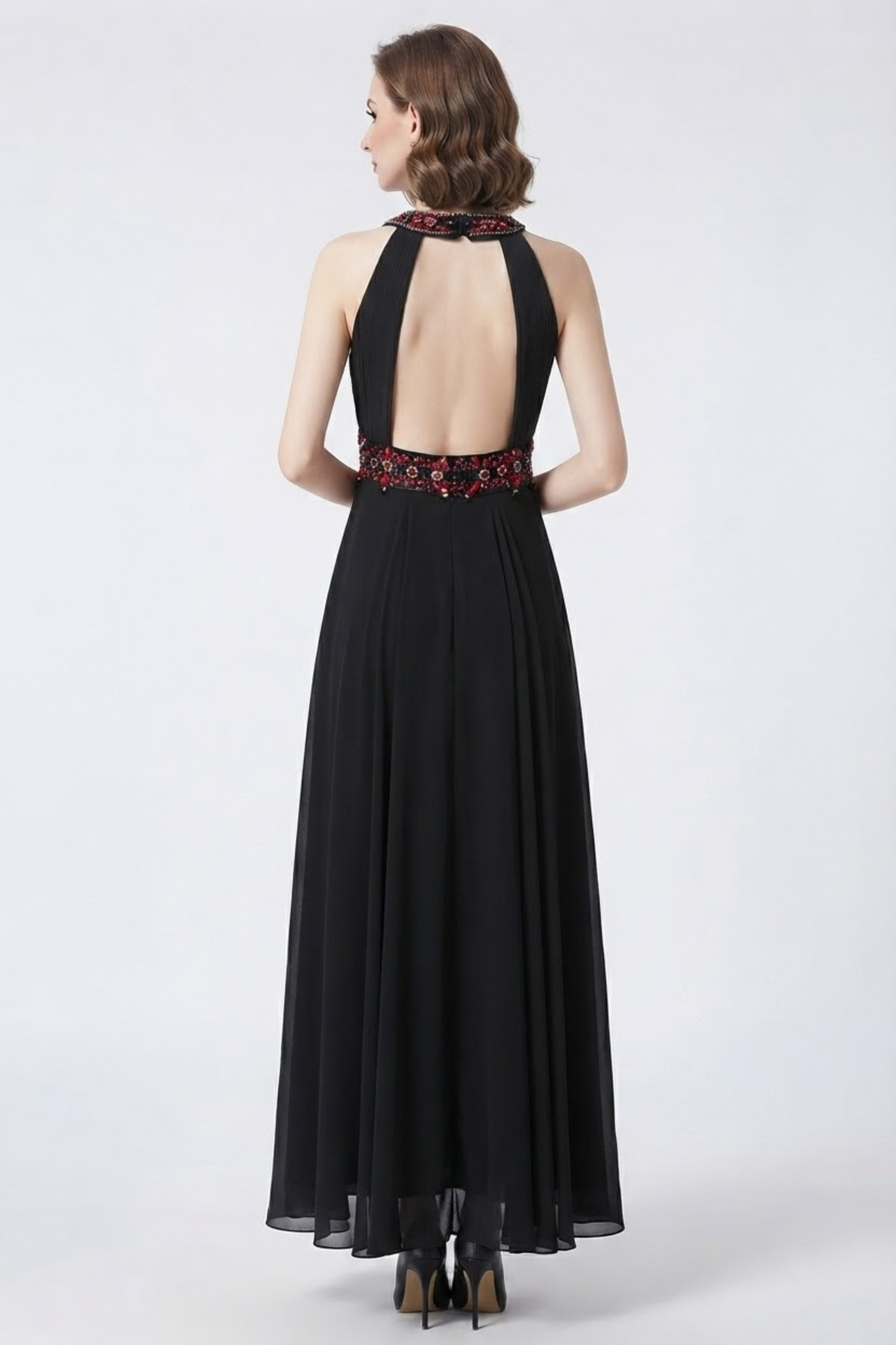 Sue Wong Halter Beaded Cutout Back Evening Dress