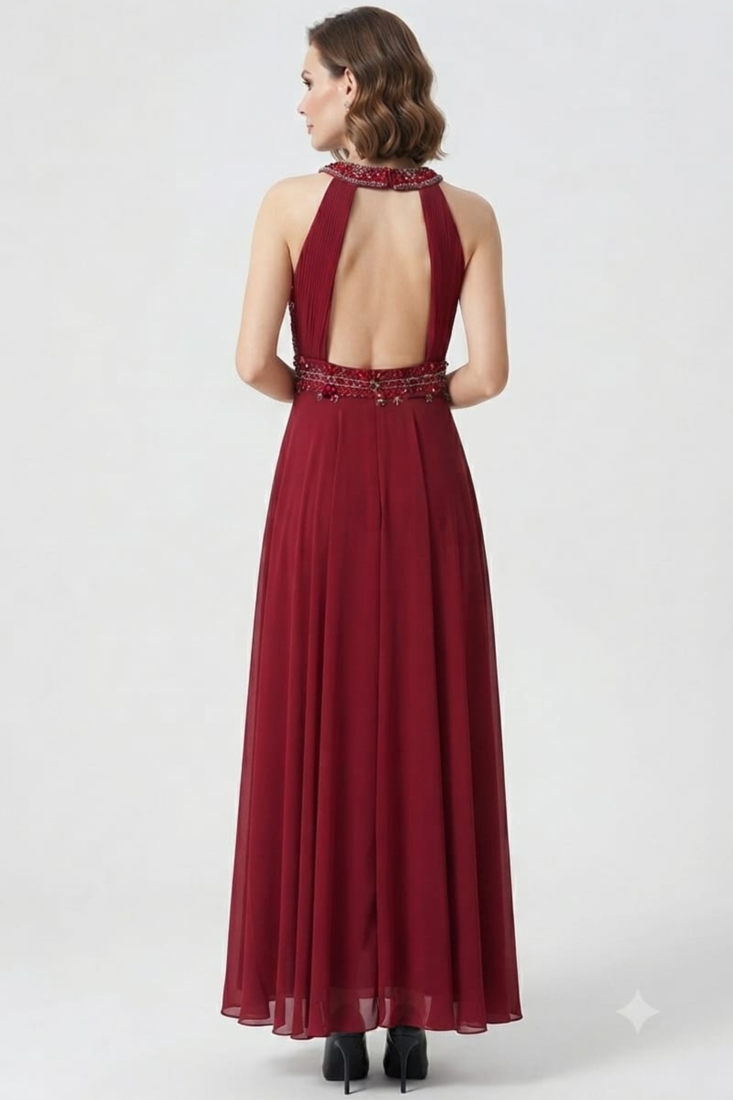 Sue Wong Halter Beaded Cutout Back Evening Dress