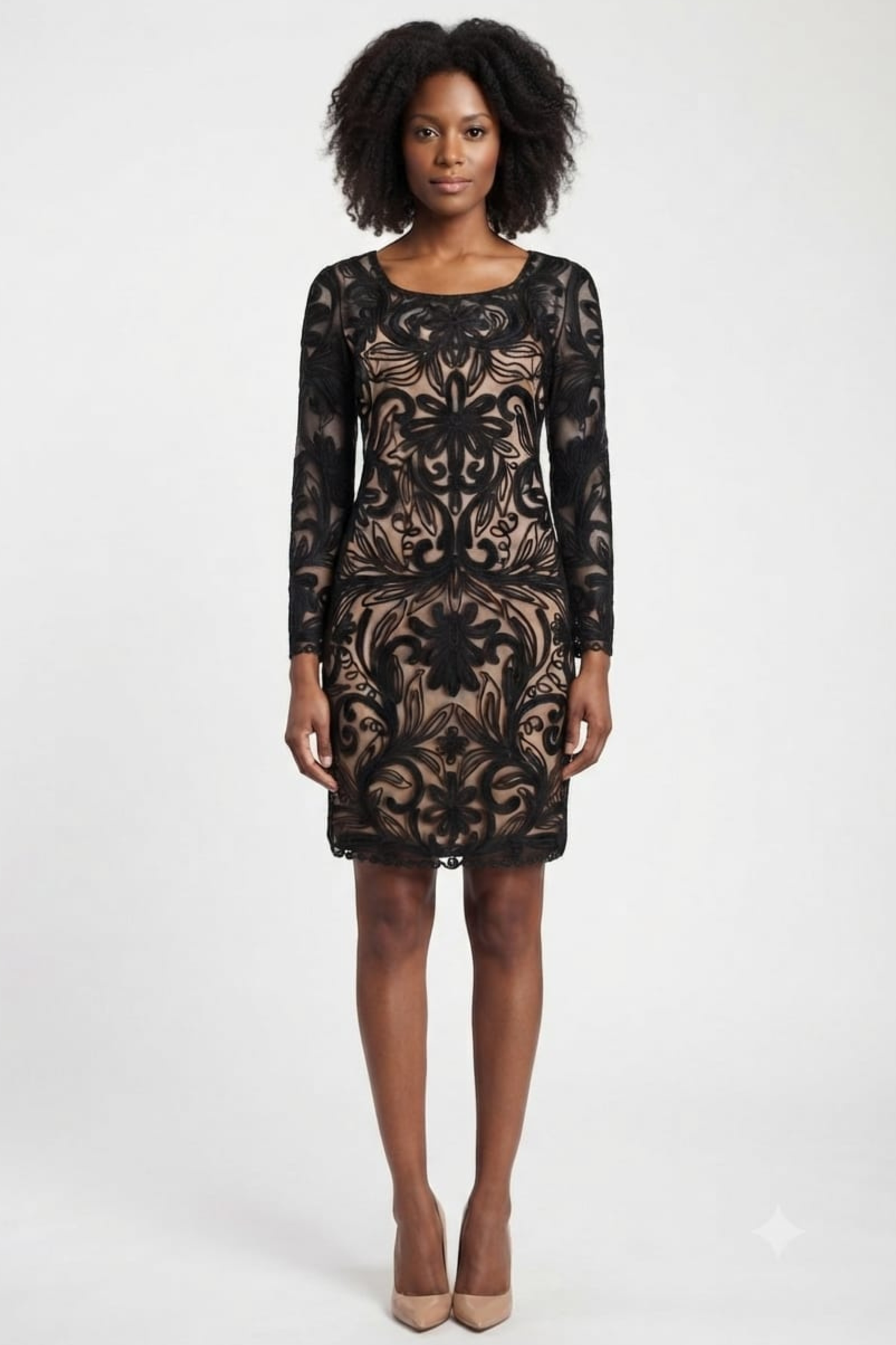 Sue Wong 3/4 Sleeve Floral Embroidered Mesh Dress