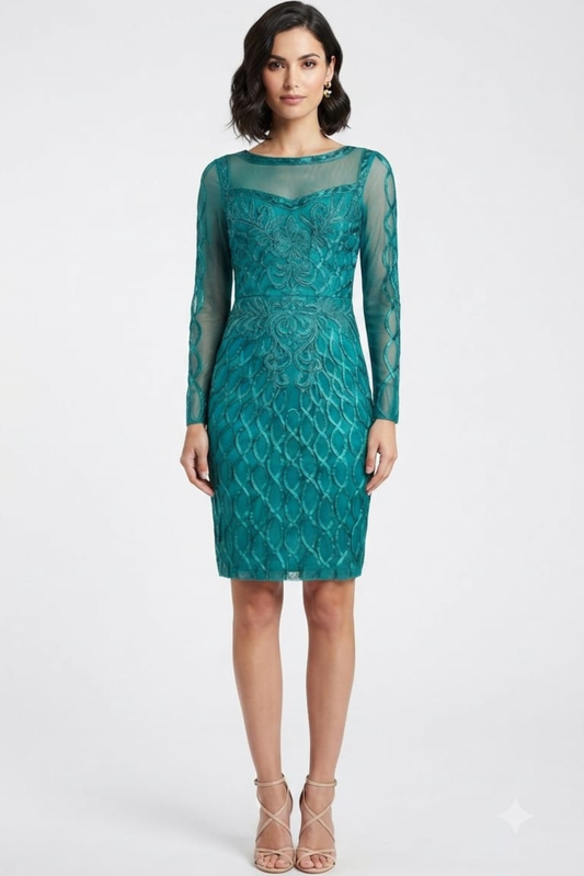 Sue Wong Long Sleeve Embroidered Open-Back Dress