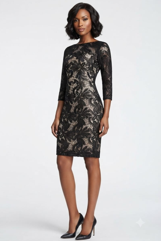 Sue Wong 3/4 Sleeve Sequined Mesh Short Dress