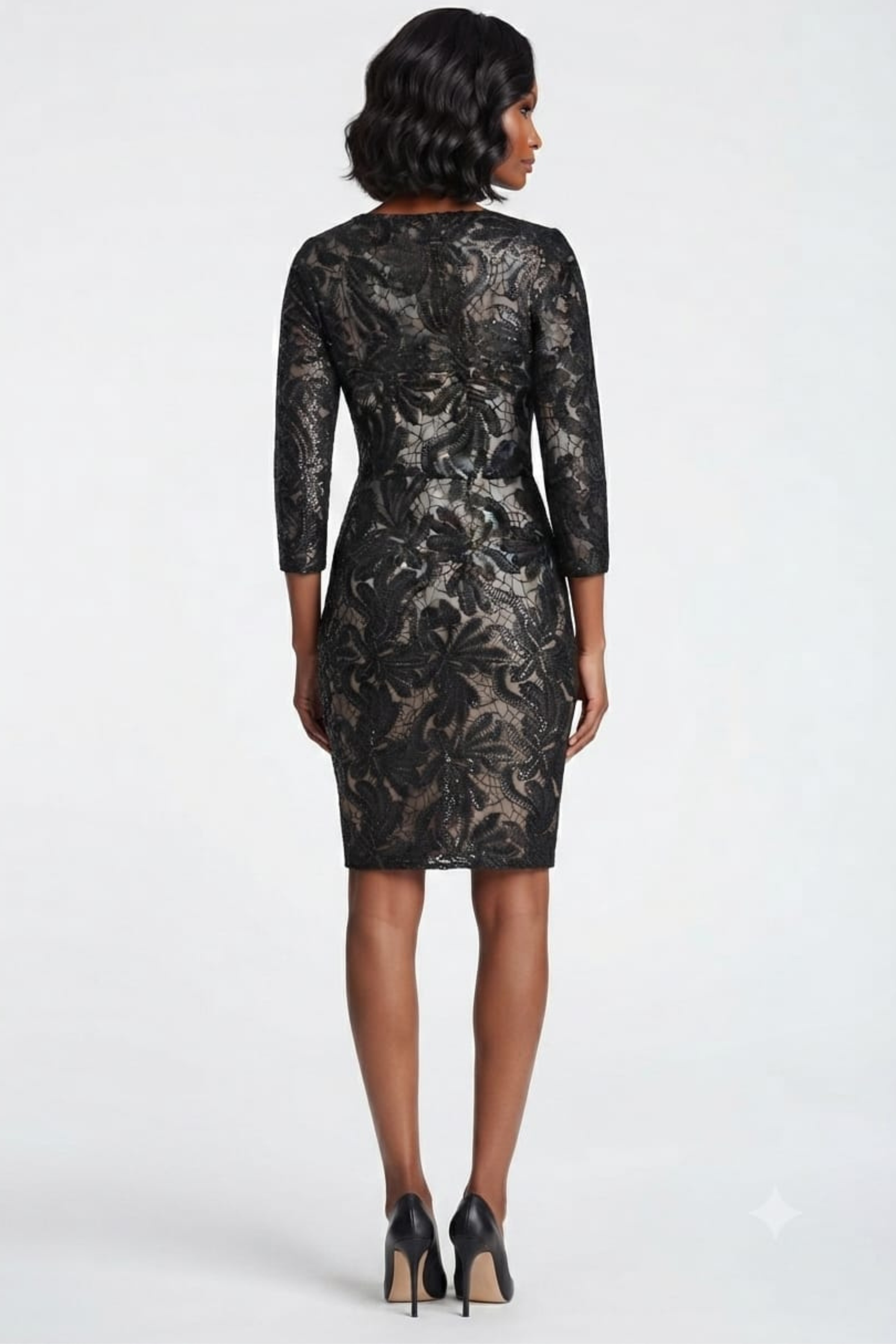Sue Wong 3/4 Sleeve Sequined Mesh Short Dress