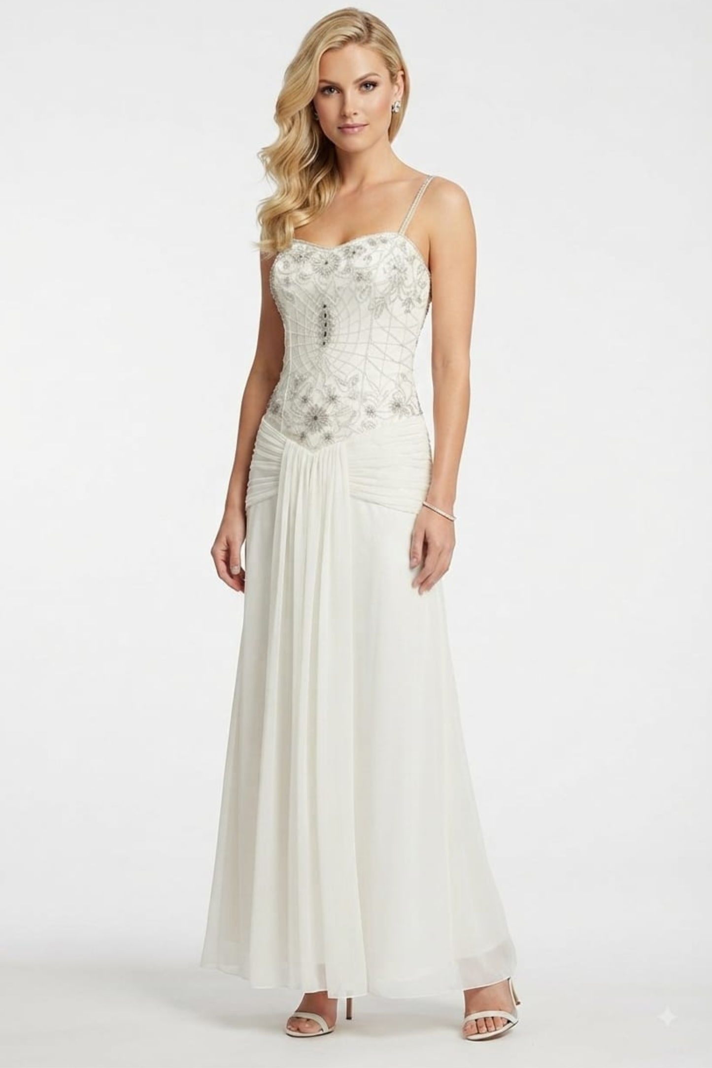 Sue Wong Spaghetti Strap Floral Embroidered Dress