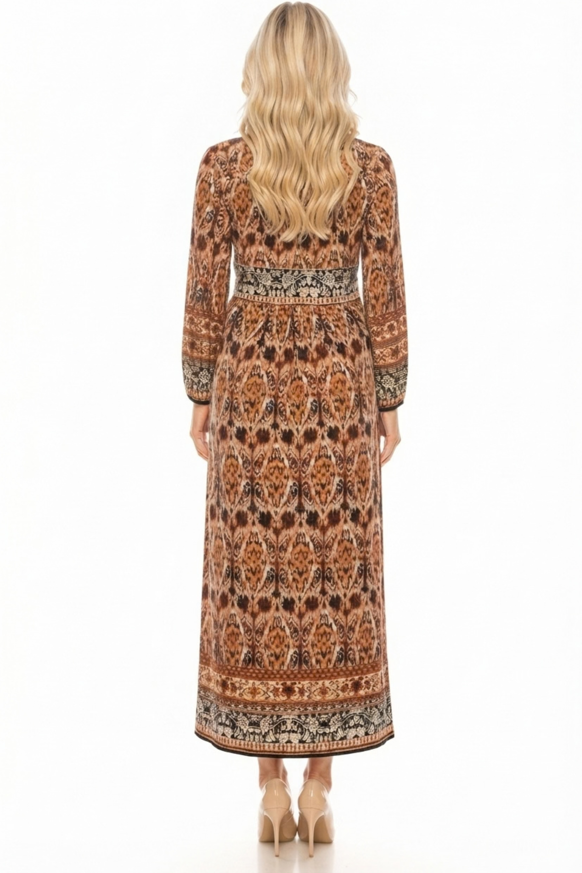 Sandra Darren Spice Burgundy Ikat Border Print Long-Sleeve Maxi Dress