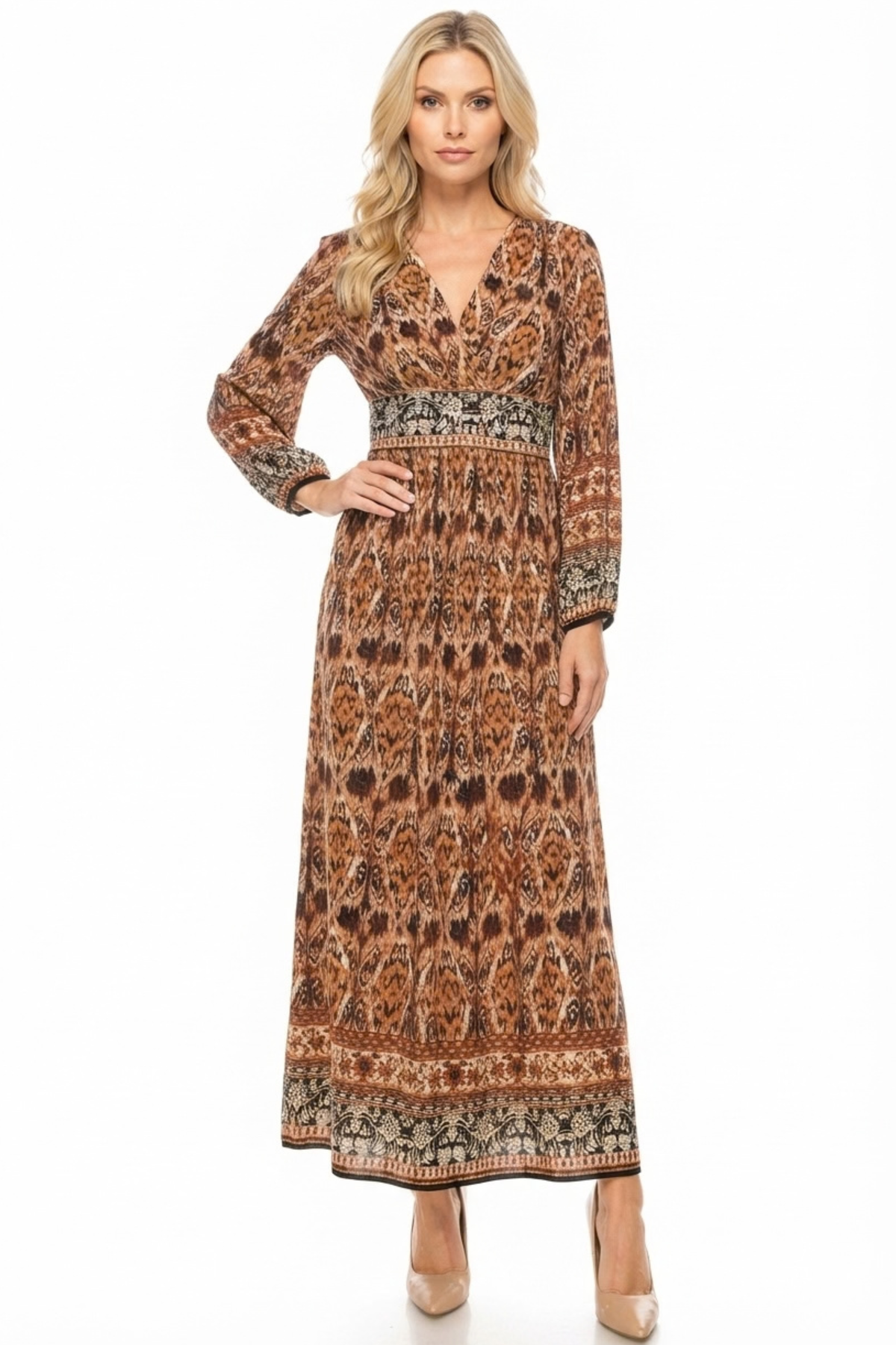 Sandra Darren Spice Burgundy Ikat Border Print Long-Sleeve Maxi Dress