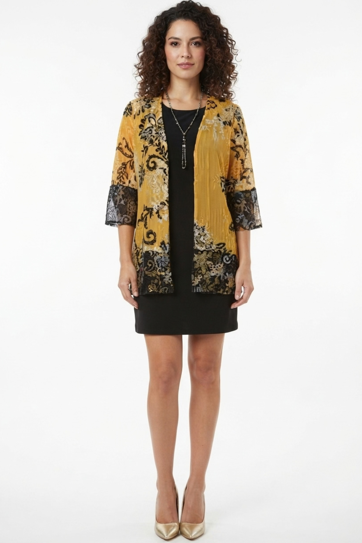 Sandra Darren Mustard & Black Velvet 2-Piece Duster Dress Set
