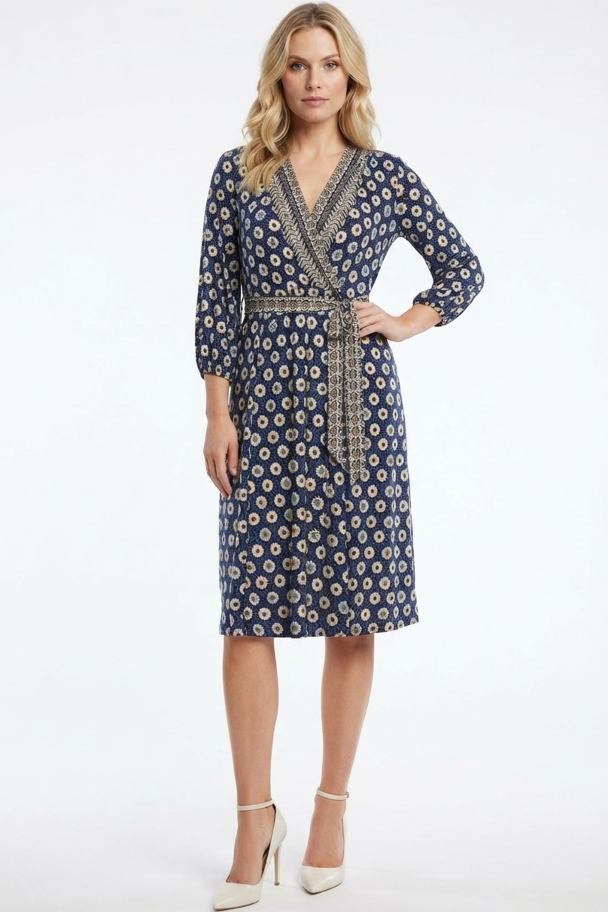 Sandra Darren Navy Multi Bohemian Floral Border Print Faux Wrap Midi Dress
