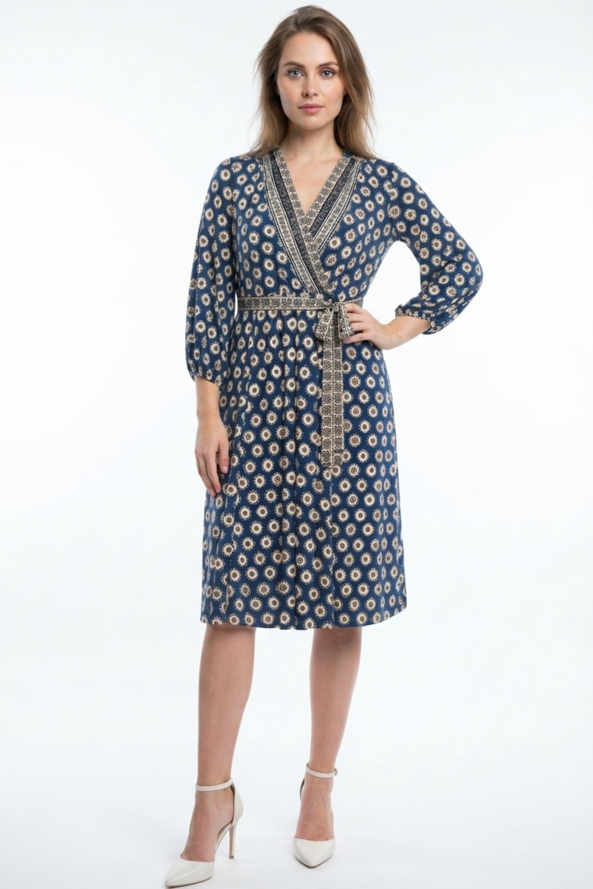 Sandra Darren Navy Multi Bohemian Floral Border Print Faux Wrap Midi Dress