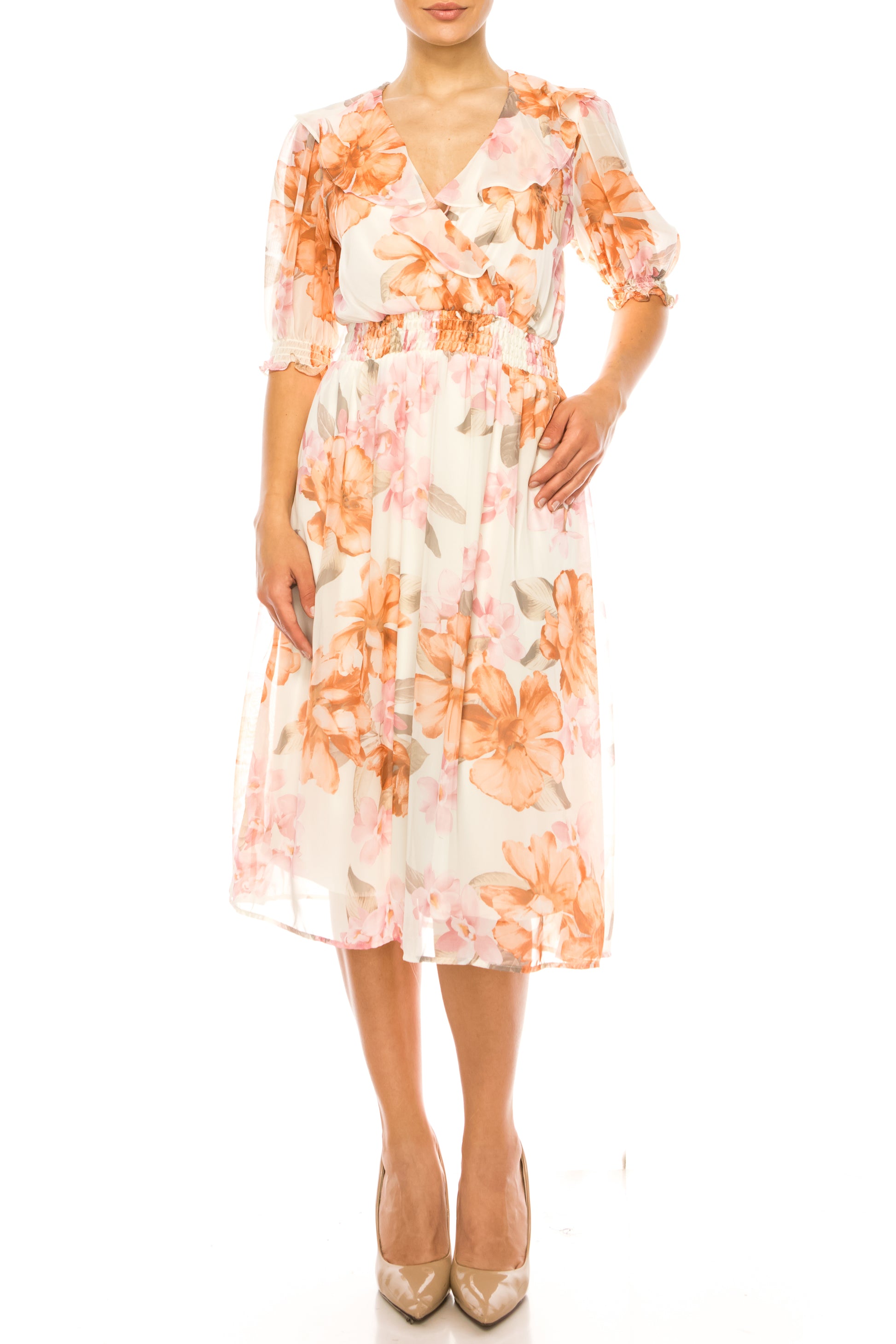 Shelby & Palmer Floral Print 3/4 Sleeve Midi Dress New Yorker's Apparel Shelby & Palmer Floral Print 3/4 Sleeve Midi Dress New Yorker's Apparel