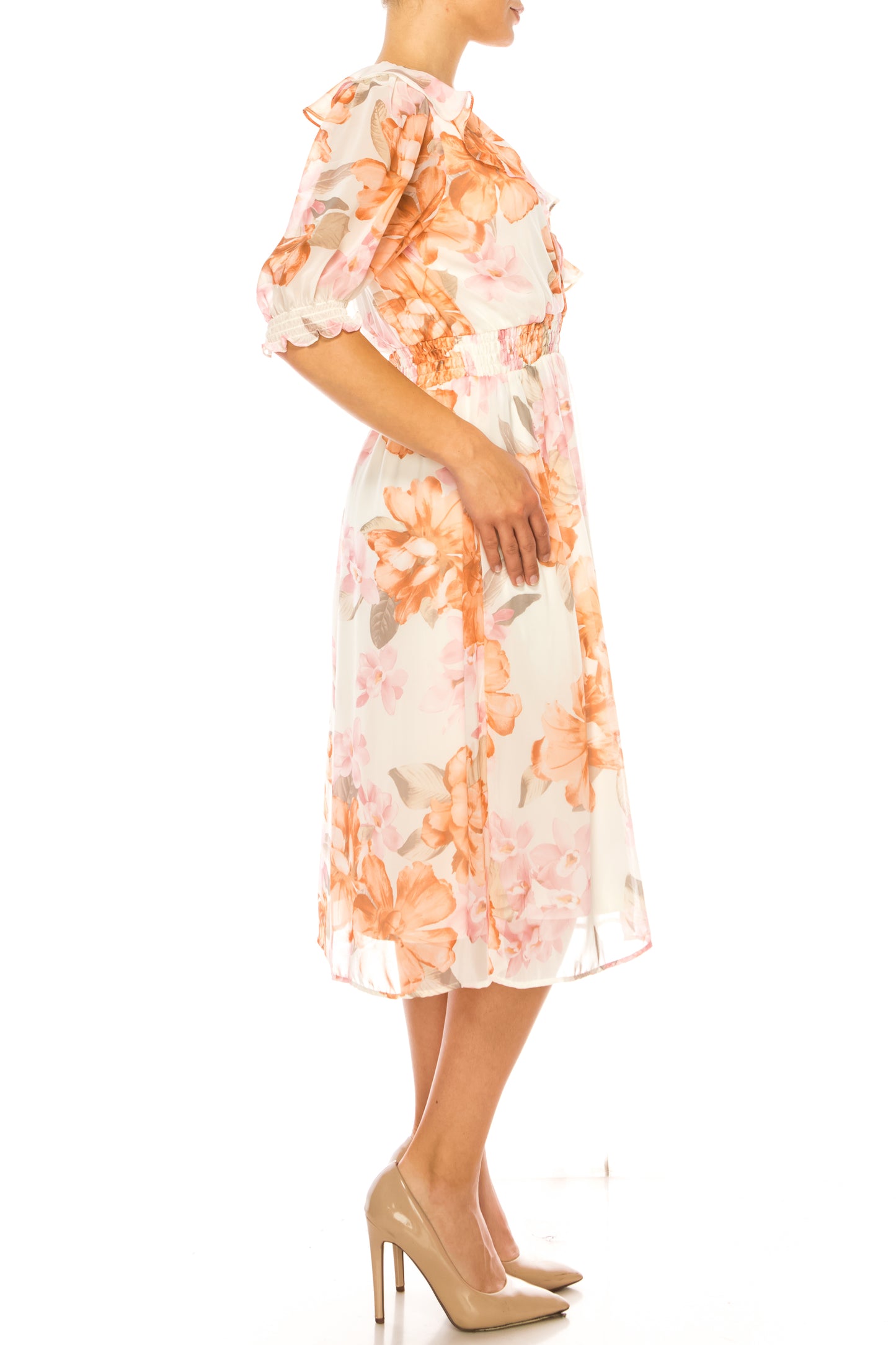 Shelby & Palmer Floral Print 3/4 Sleeve Midi Dress New Yorker's Apparel Shelby & Palmer Floral Print 3/4 Sleeve Midi Dress New Yorker's Apparel