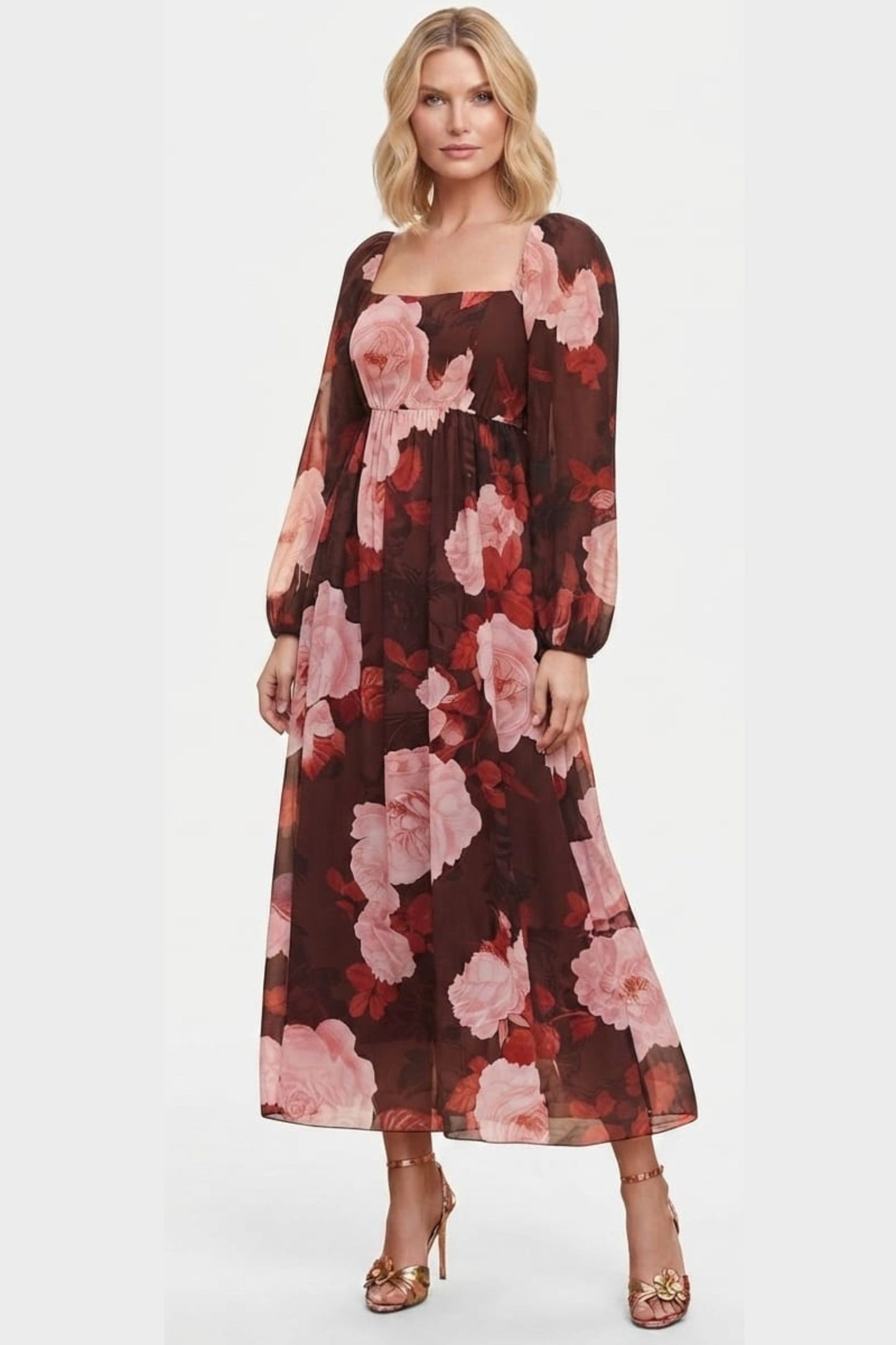 London Times Floral Print Empire Waist Maxi Dress