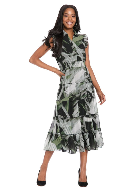 London Times Multi Color Tiered A-Line Midi Dress