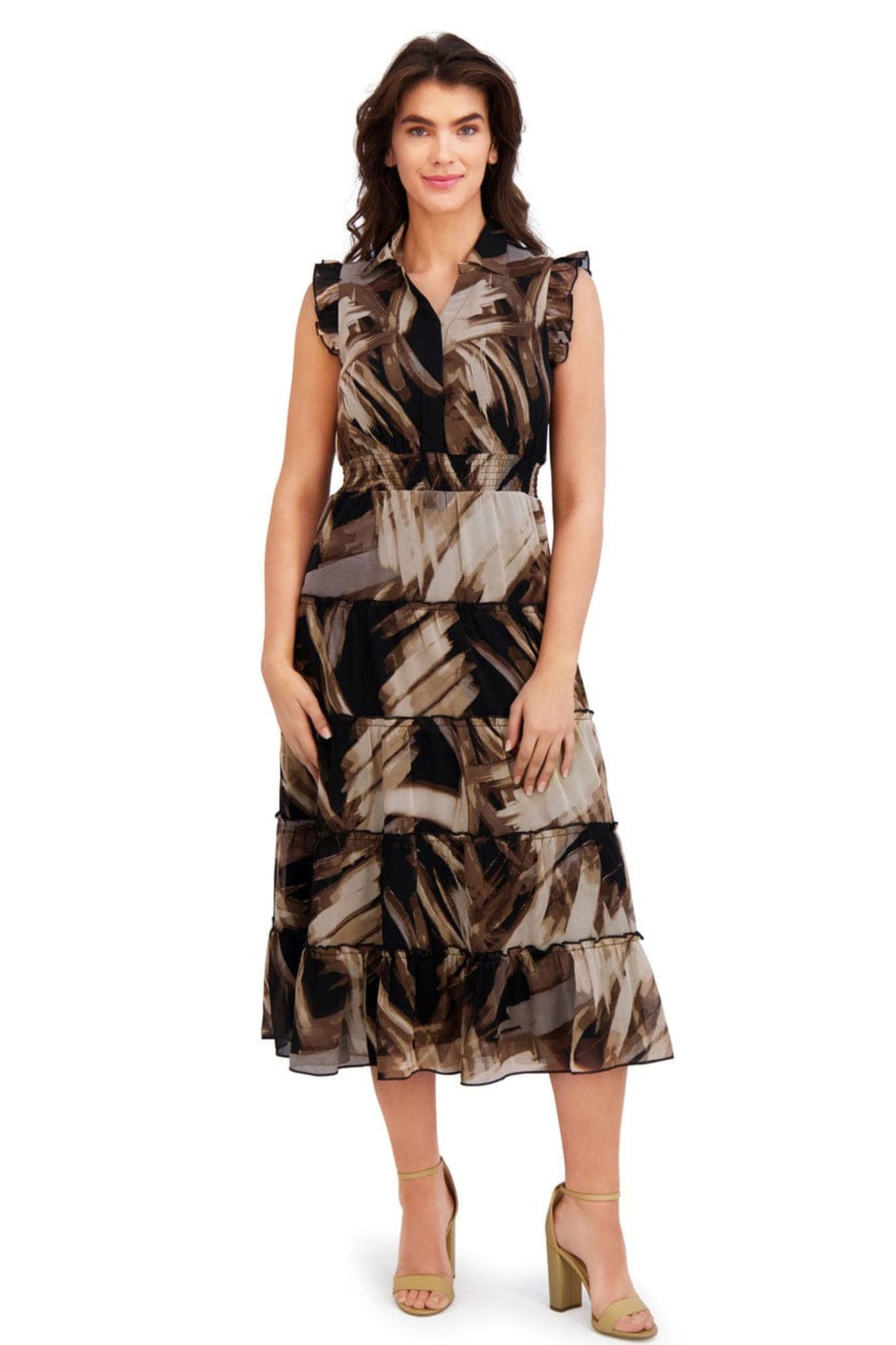 London Times Multi Color Tiered A-Line Midi Dress