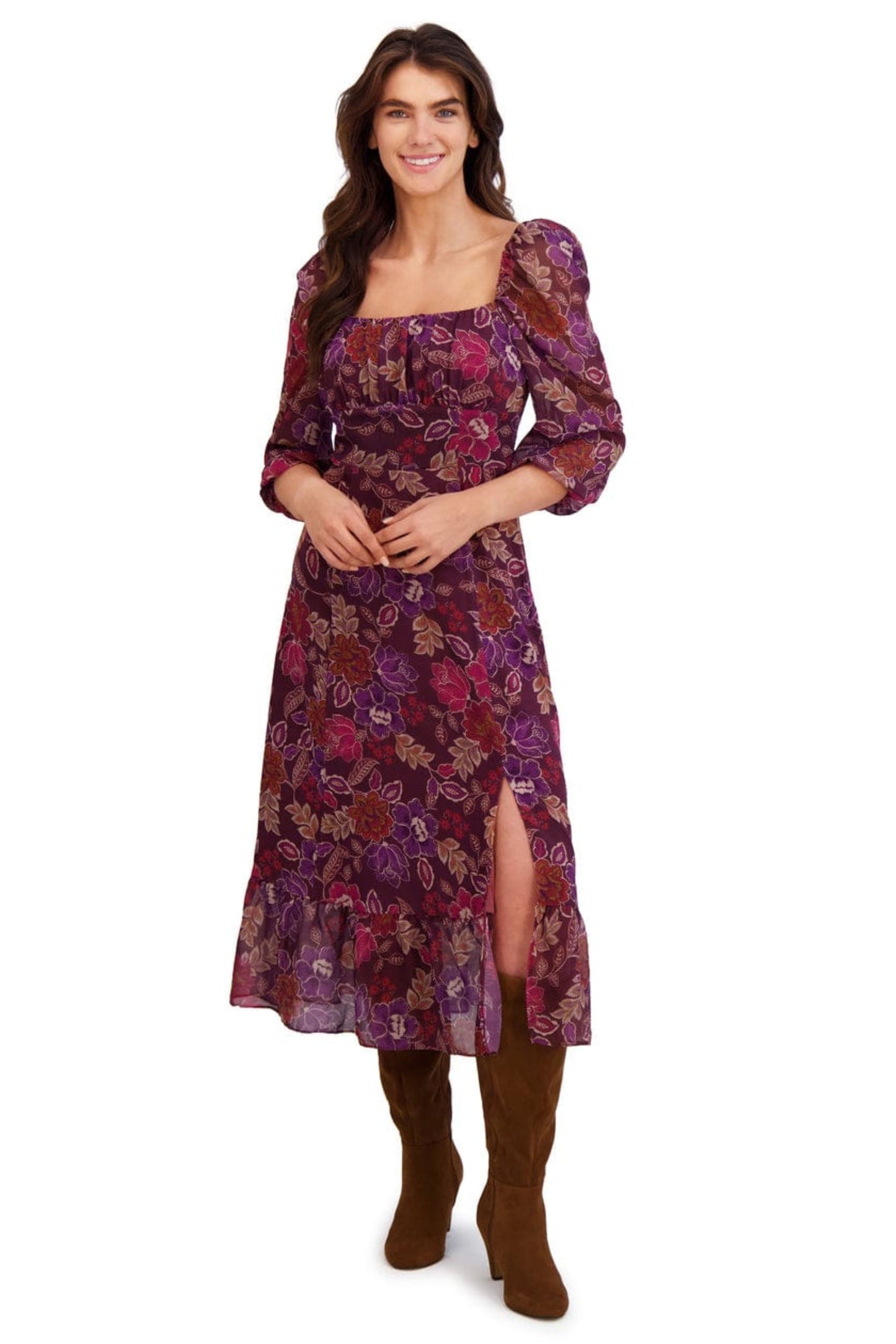 London Times Floral Print Empire Waist Midi Dress