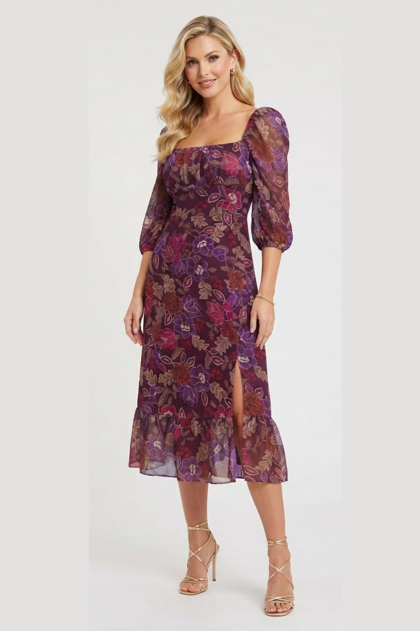 London Times Floral Print Empire Waist Midi Dress