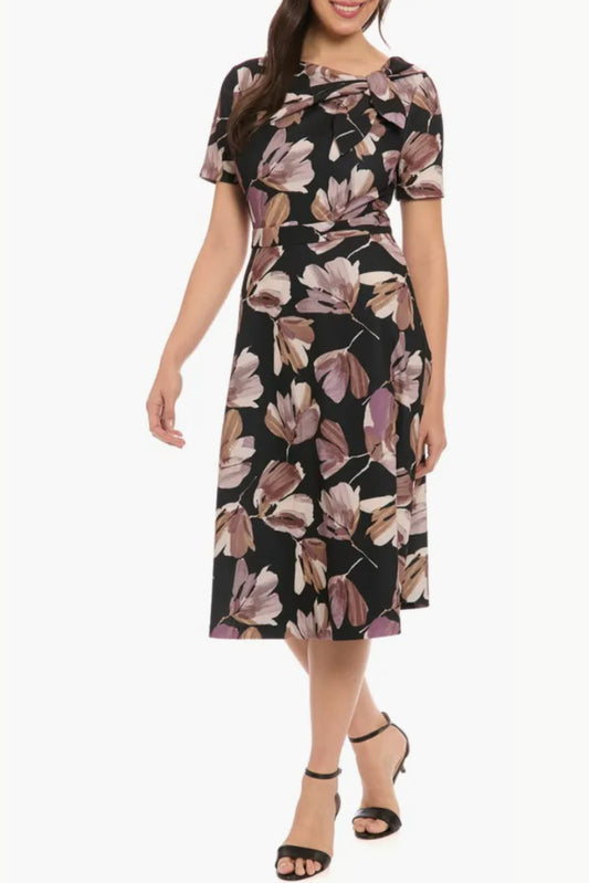 London Times Floral Print A-Line Midi Dress